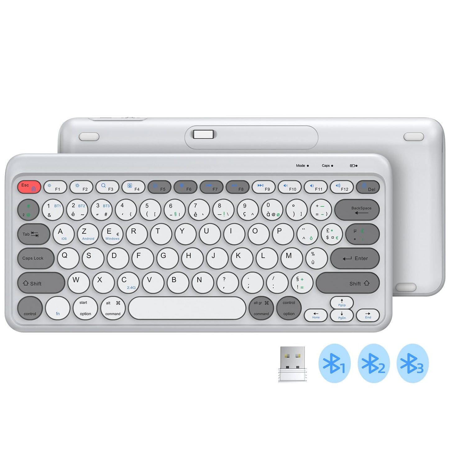 TECURS Clavier sans Fil Rechargeable, Clavier Bluetooth Multi-Dispositifs pour Windows/iOS/Android, Mini Clavier 2.4G, Clavier AZERTY Français pour Tablet/PC/Mac, Gris et Blanc