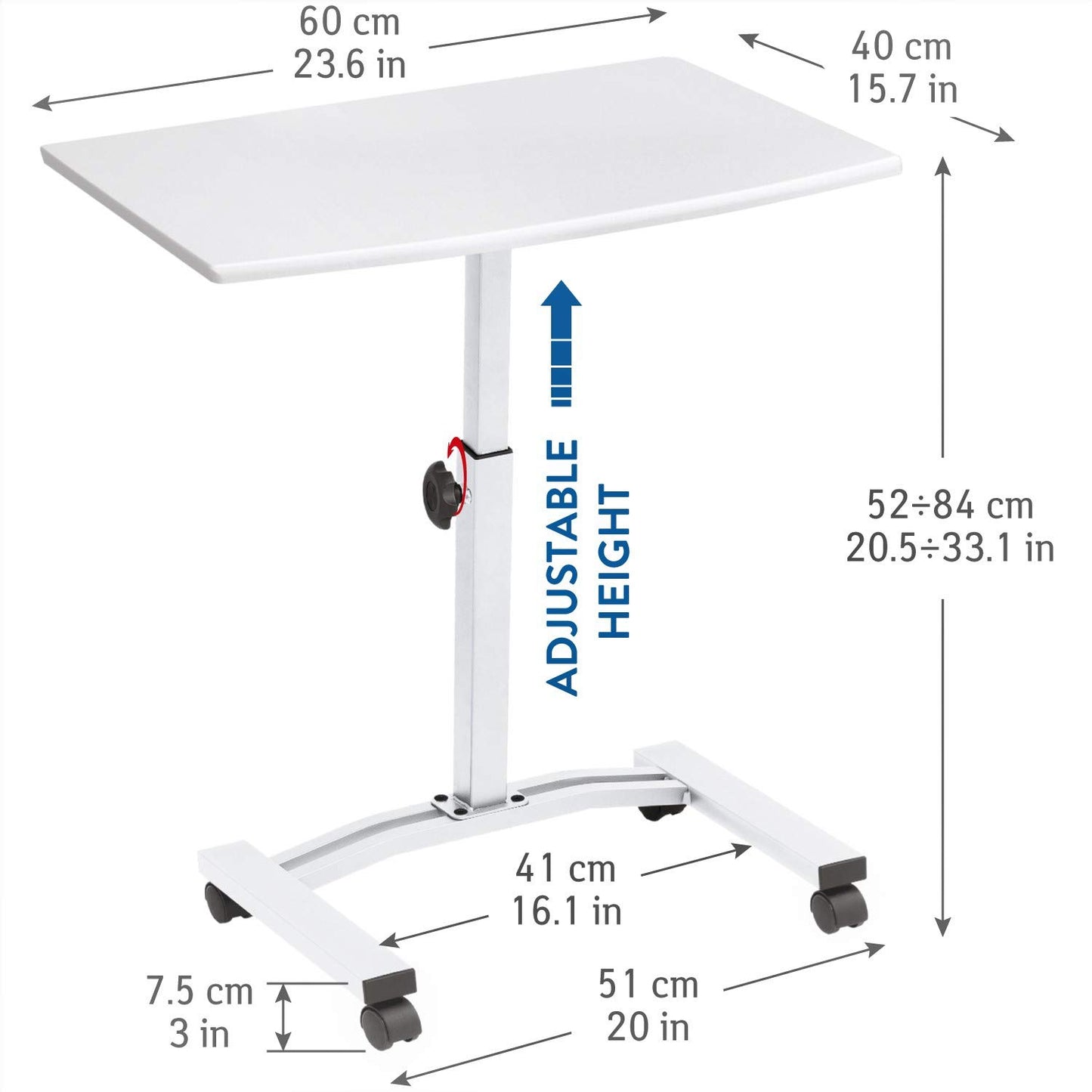 Tatkraft Cheer, Table pour Ordinateur Portable Mobile, Bureau Réglable en Hauteur 52-84 cm, 4 roulettes avec Freins, Blanc