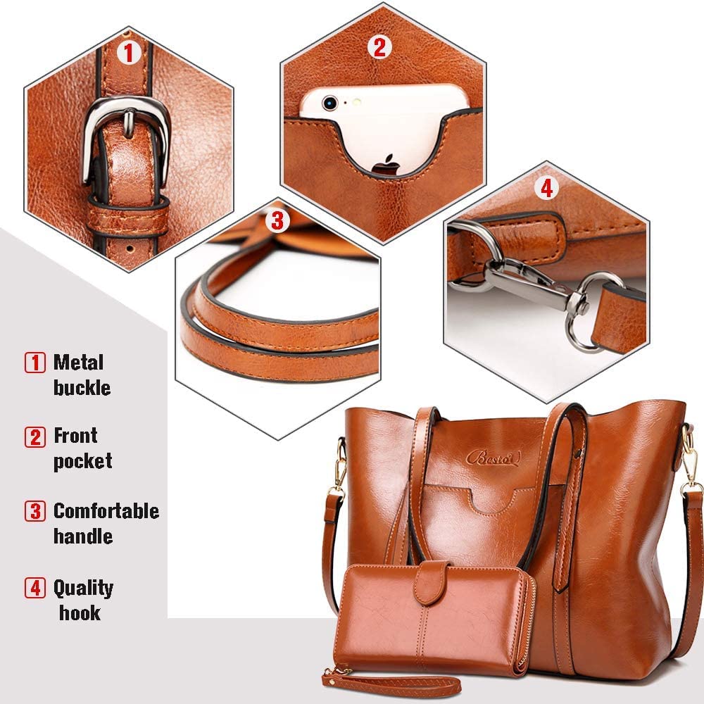 BestoU Sac a Main Femmes PU Cuir Sac à Bandoulière D'épaule Fourre-Tout Portefeuille Sac 2pcs (Marron)