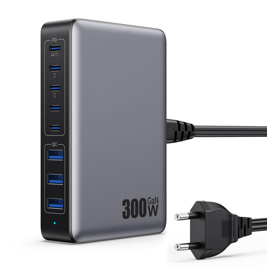 300W Chargeur USB C avec 8 Ports GaN Ⅳ Tech, 100W Chargeur Rapide PD QC PPS Prise USB C Multiple Station de Charge Compatible avec MacBook Pro/Air Laptop, iPhone, iPad Pro, Galaxy, SteamDeck-Noir