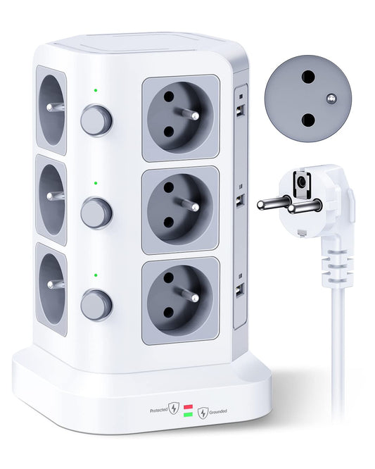 KOOSLA 12 Prises 2P+T de Type-E (France) Tour Multiprise avec 6 Ports USB(4000W/16A), Multiprise Electrique parafoudre et surtension, 3 Interrupteur Individuel, 2M Câble, Blanc