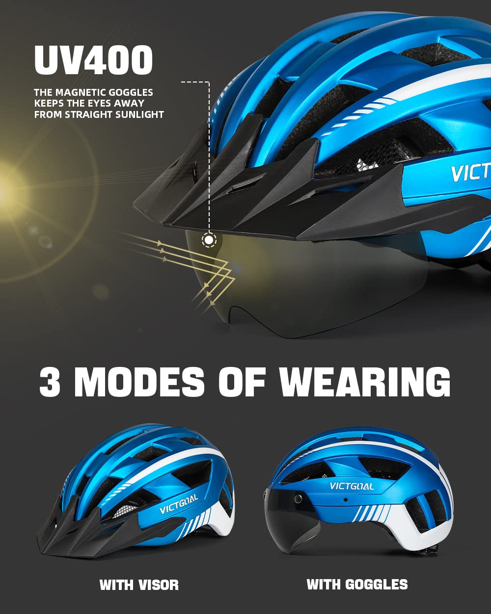 VICTGOAL Casque Velo Homme Casque VTT Montagne avec Visière Magnétique Amovible, Capuchon de Protection Solaire Amovible et éclairage LED Casque Velo Route pour Adulte (L: 57-61cm, Bleu Metal)