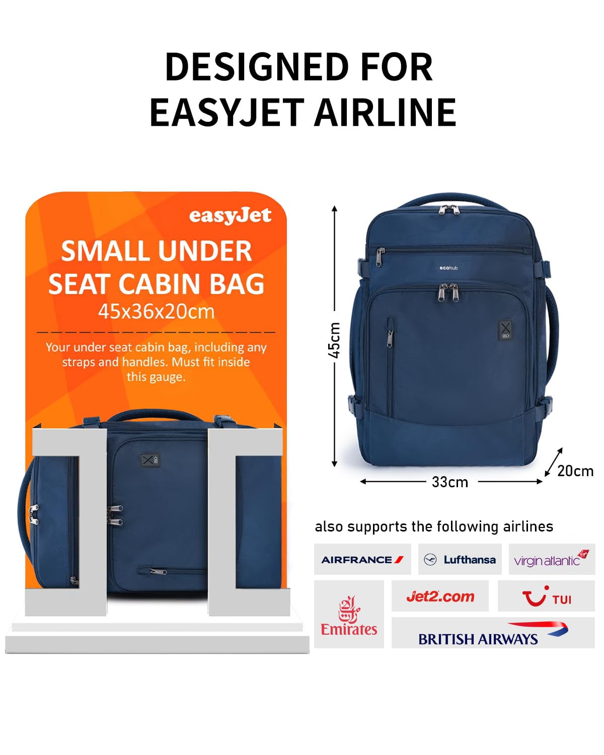 ECOHUB Bagage Cabine 45x36x20 Easyjet Sac A Dos Sac De Voyage 13 Poches Sac Cabine Avion Valise Cabine avec Port De Charge USB Recyclable Pet Ecologique Valise à Main Imperméable（Bleu）