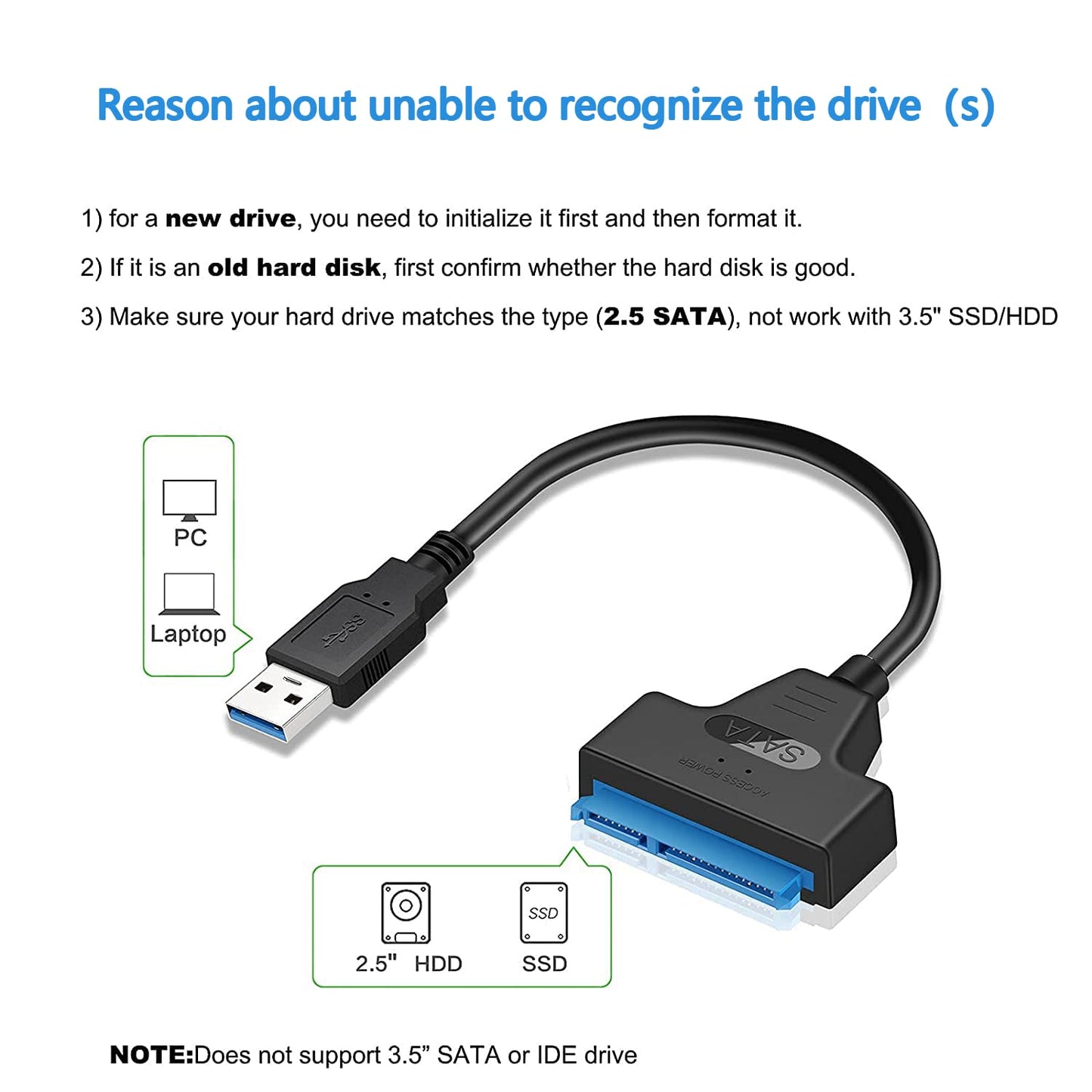 Unnderwiss Cable sata to usb Adaptateur SSD/HDD Compatible avec les disques durs externes et internes, 2,5 pouces Compatible avec les systèmes d'exploitation Windows, Mac et Linux