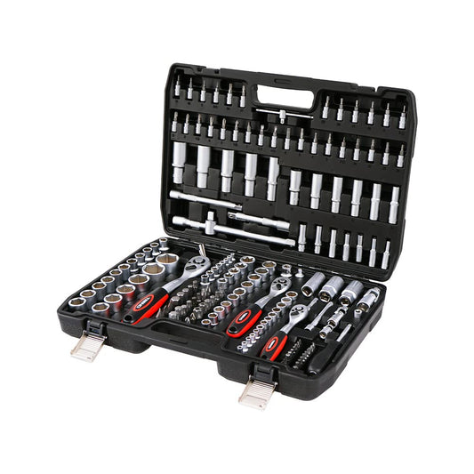 TEENO Coffret de douille et embouts Mallette à Outils, Coffret Douille et Cliquet 1/2 inch et 1/4 inch, 3/8 inch (72 Dents) 172 pcs Chrome Vanadium Mat Satinée