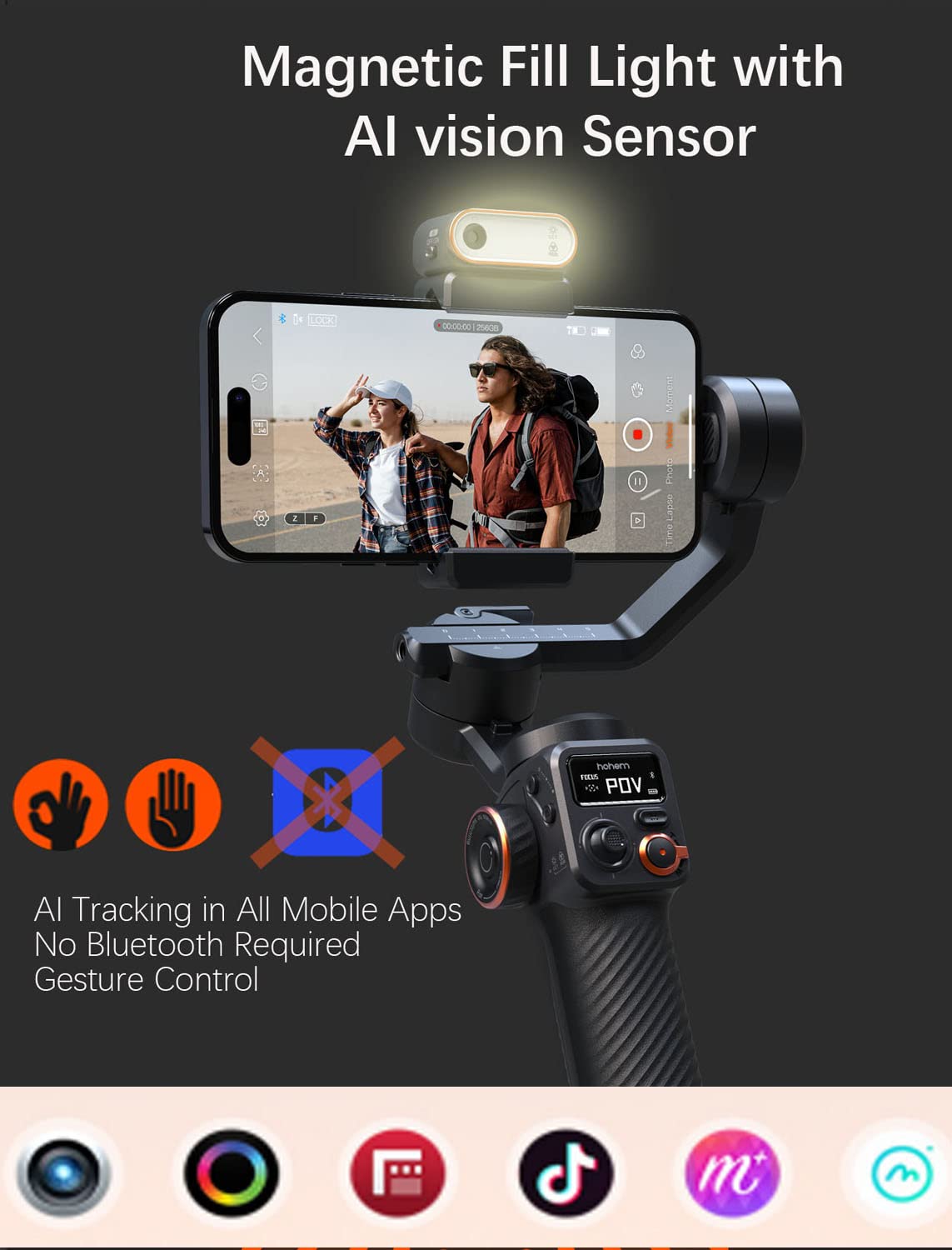 Hohem iSteady M6 Stabilisateur de Cardan 3 Axes pour Smartphone avec lumière de Remplissage Capteur de Vision AI pour iPhone Android avec écran OLED de 0,91-inch Supporte Jusqu'à 400g