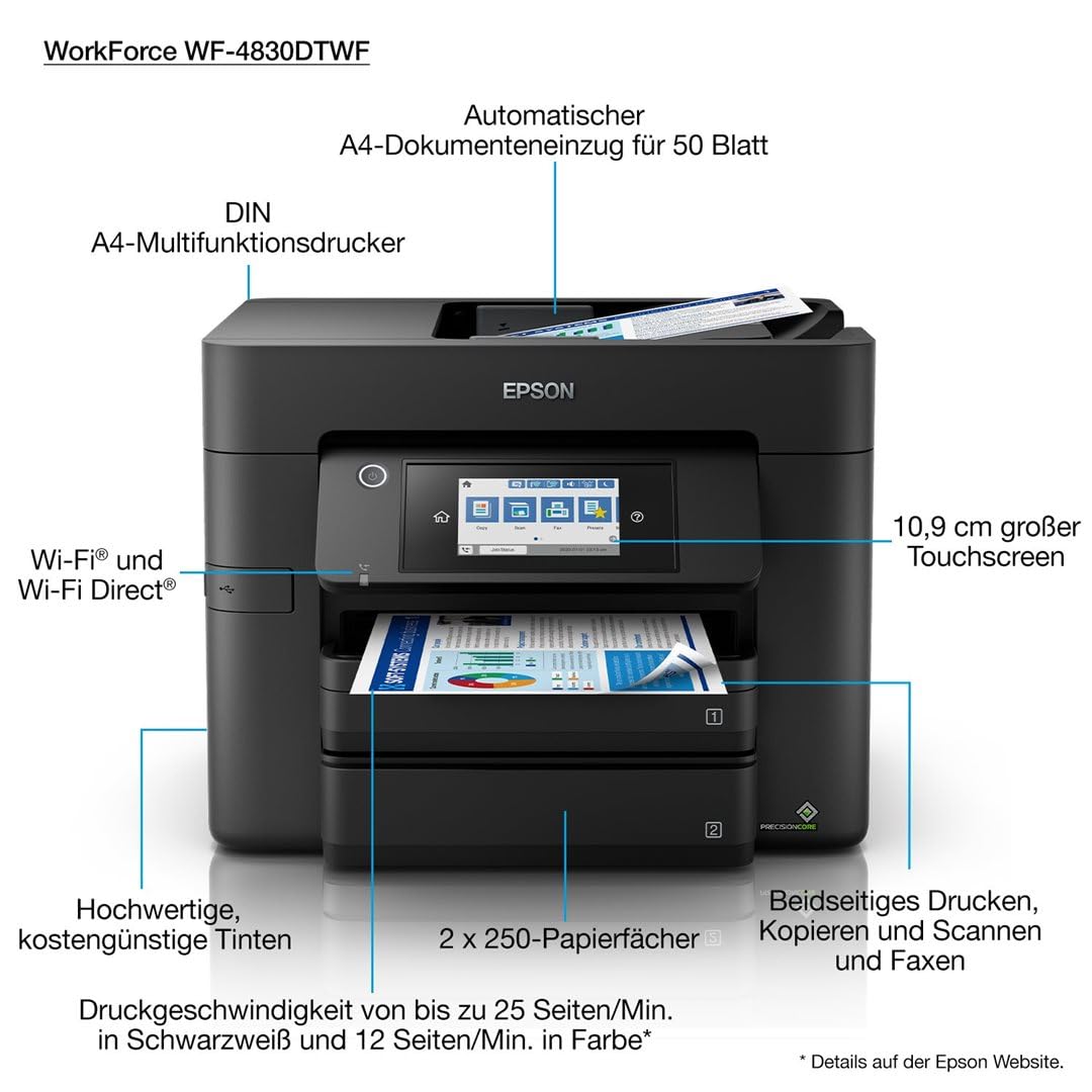 EPSON WorkForce Pro WF-4830 | Imprimante 4-en-1 - Impression recto-verso, Numérisation, Copie, Fax - WiFi Direct, Ethernet, 25ppm Noir/12ppm Couleur, PrecisionCore, ADF, Mobile, Compacte