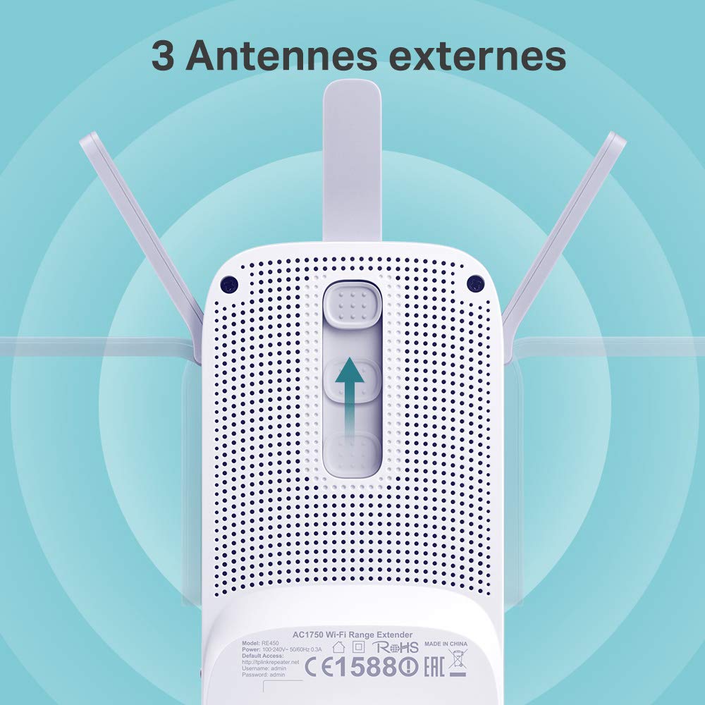 TP-Link Répéteur WiFi(RE450), Amplificateur WiFi AC1750, WiFi Extender, WiFi Booster, 1 Port Ethernet, couvre jusqu'à 140㎡, Compatible avec toutes les box internet, jusqu'à 140m²|20 appareils