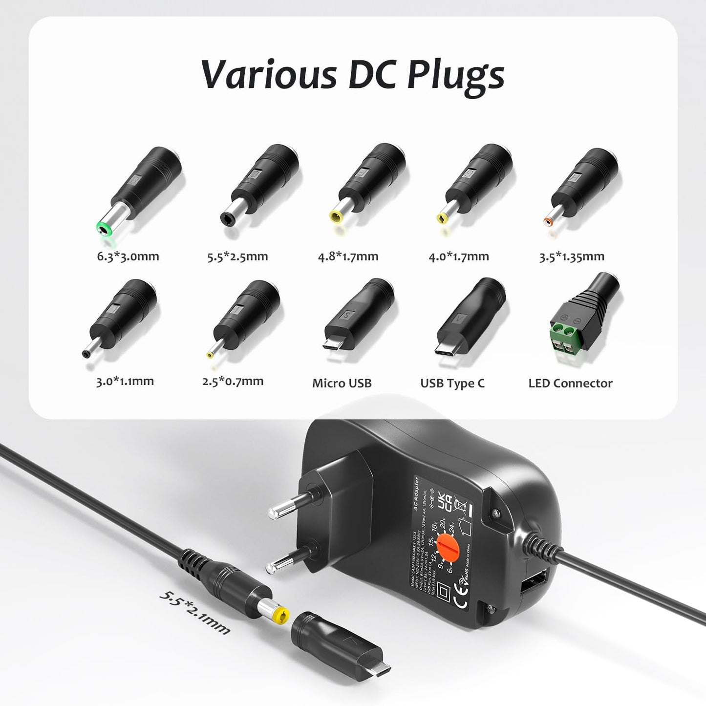 Zolt 41W Adaptateur Secteur Universel AC DC 6V 9V 12V 15V 18V 20V 24V Transformateur d'alimentation avec Port USB 5V 1A, 1500mA Max.