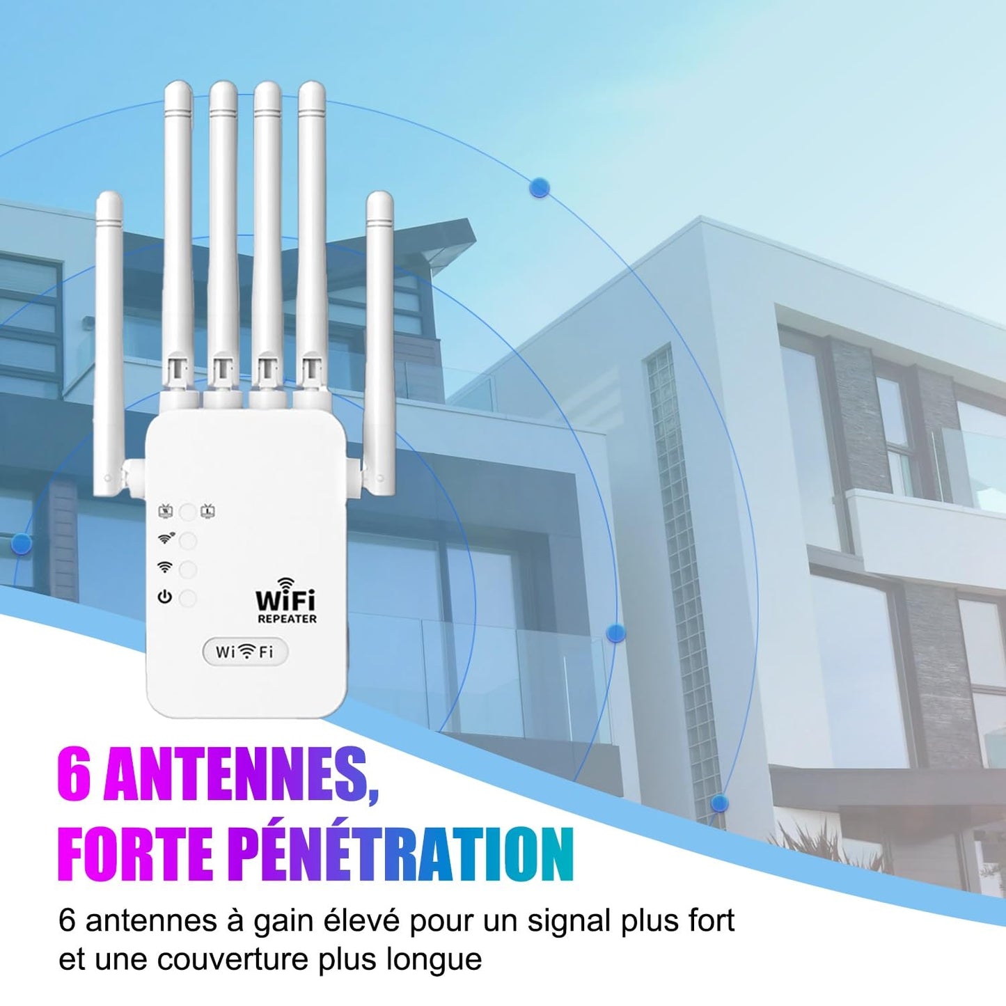 Répéteur WiFi Exterieur, 2024 Nouveau Amplificateur WiFi 6 antennes, Répéteur WiFi Puissant sans Fil Double Bande 5GHz & 2.4GHz WiFi Extender, Compatible avec Toutes Les Box Internet Ethernet Port