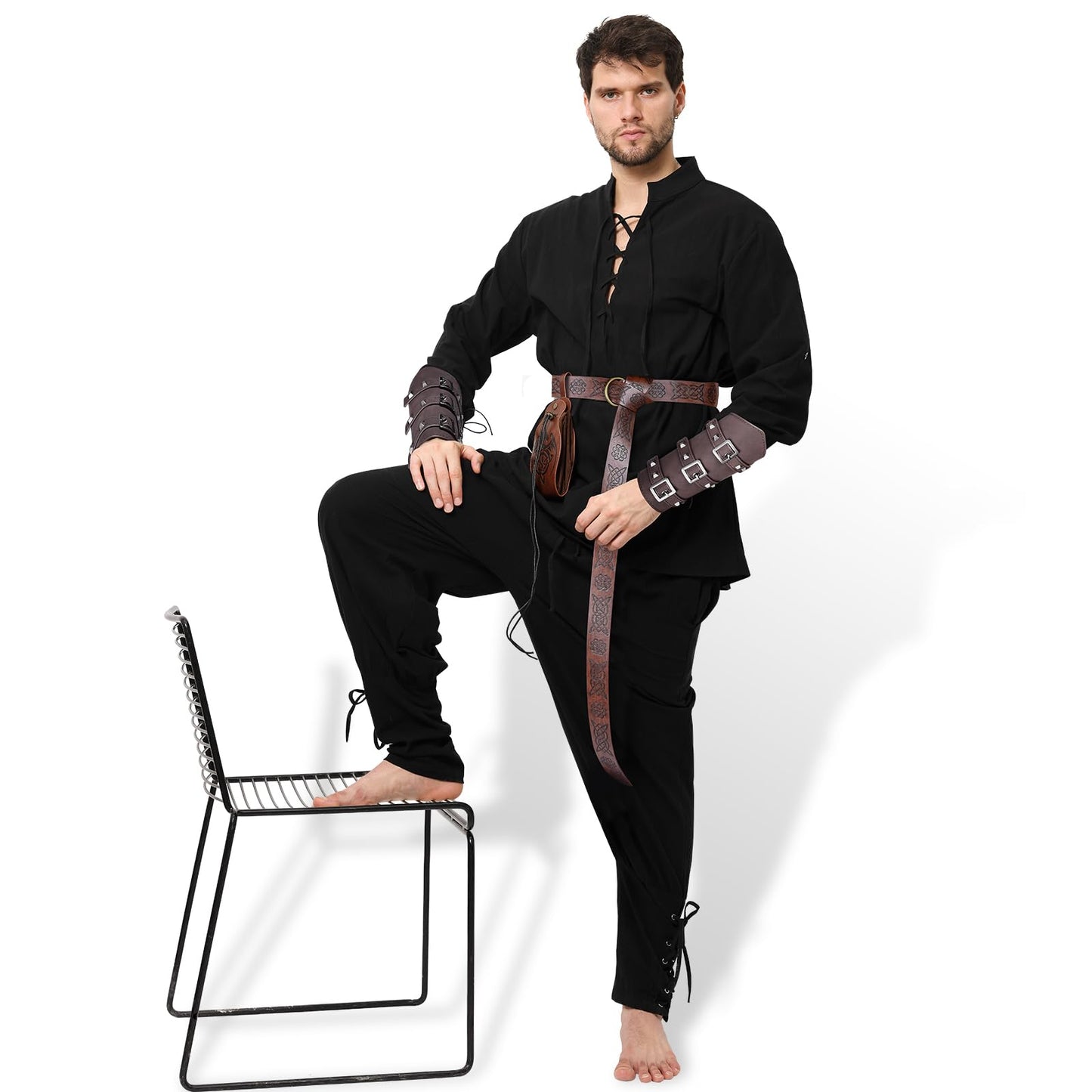 Ulikey Costume Medieval Homme, Vêtements Médiévaux Costume pour Hommes, Costumes Renaissance avec Chemise de Pirate Médiévale, Pantalon Médiéval Accessoire pour Homme (Noir, S)