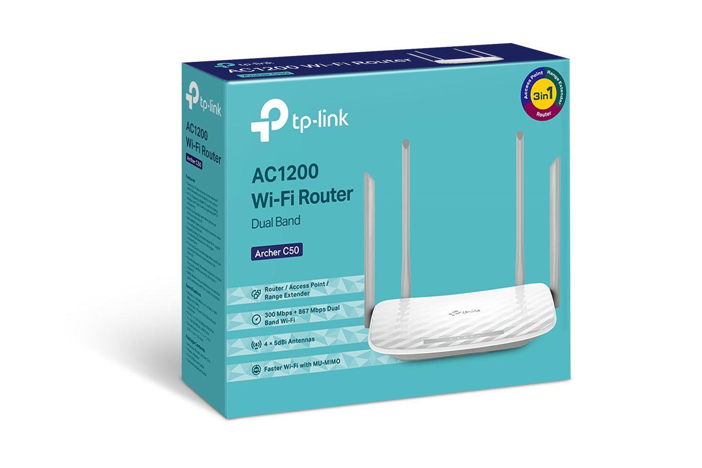 TP-Link ARCHER C50 V6 Routeur WiFi AC 1200 Vitesse sans fil jusqu’à1200 Mbps - Dual-band - 5 ports (Ethernet 4 ports ) - 4 antennes externes - Support contrôle parental