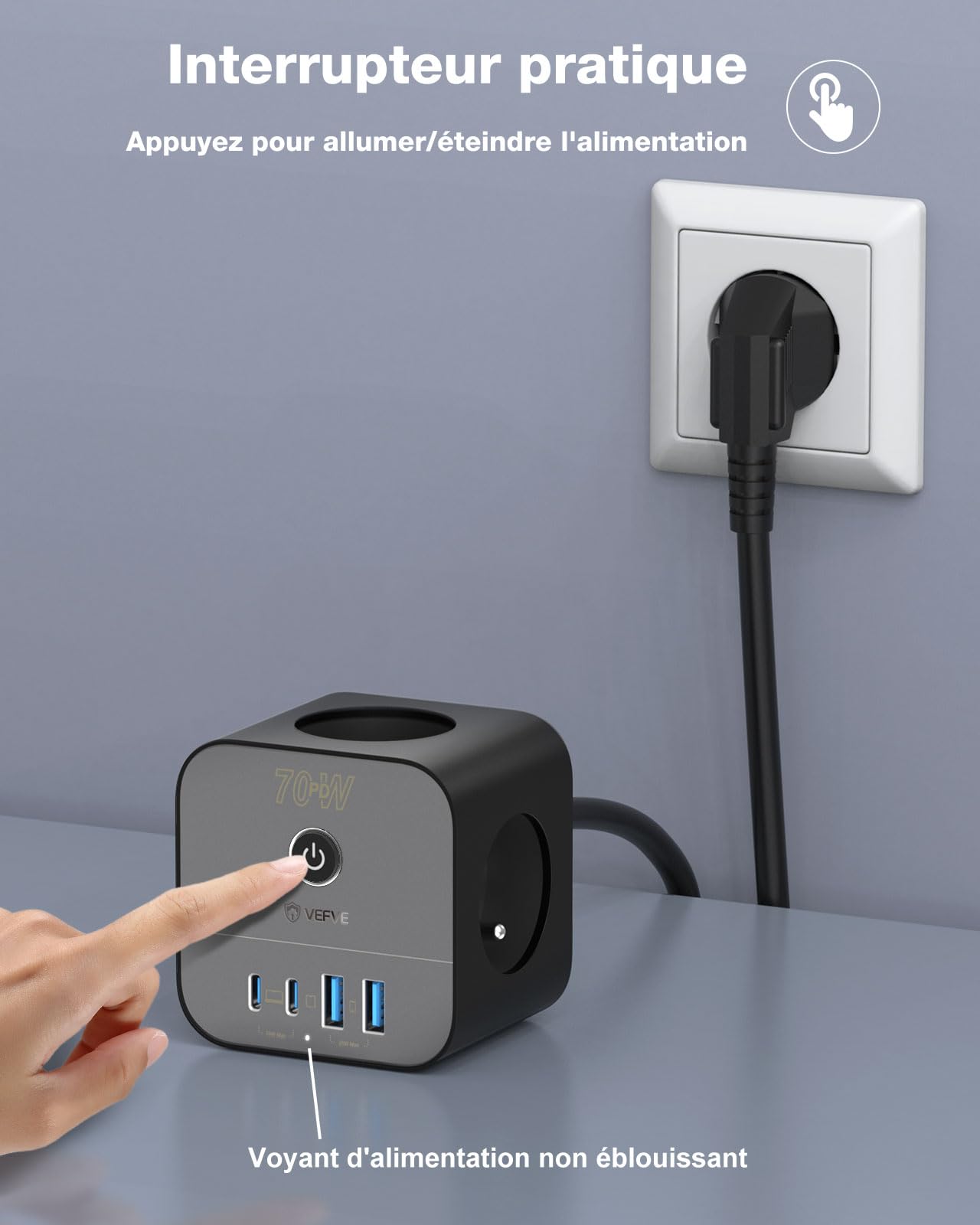 VEFVE Chargeur Rapide USB C 70W, Prise Multiprise Cube 7-en-1 avec Interrupteur, Technologie GaN III, Compatible Ordinateurs Portables, Téléphones, Rallonge Electrique 3m