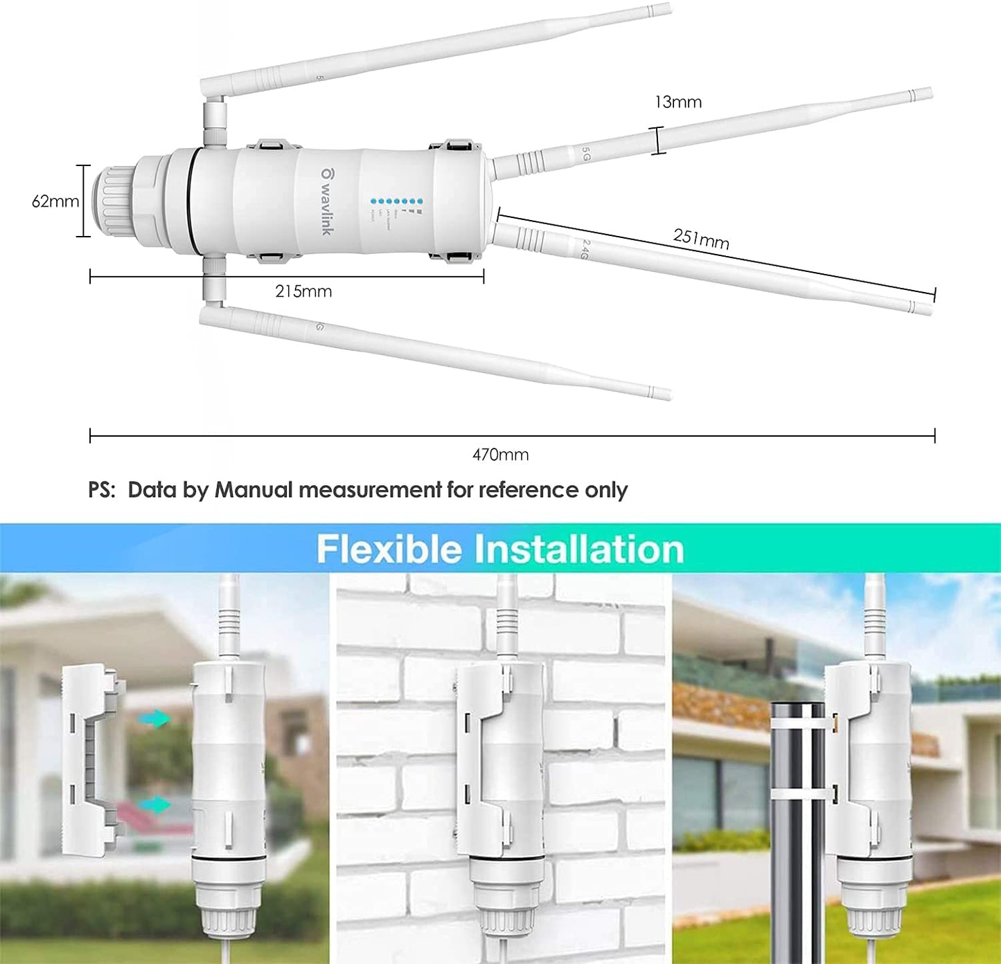 Dual-Band 2.4+5G 1200Mbps Outdoor Point d'Accès Extérieur/Répéteur WiFi Puissant/sans Fil Amplificateur WiFi/Mesh WiFi Extender (RJ45, 1xGigabit PoE LAN-Port, 802.11AC, 4 Antennes Externs, WN572HP3)