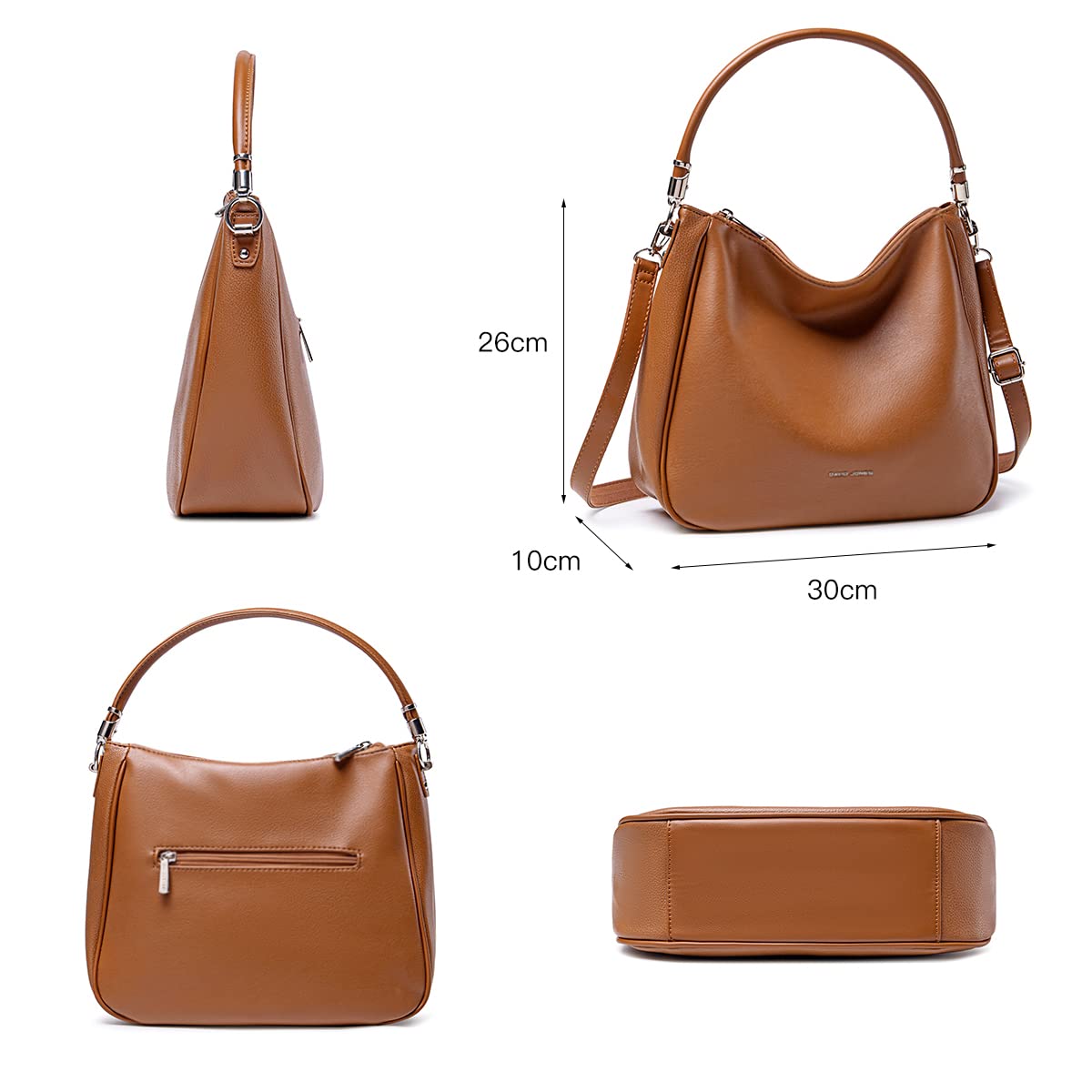 David Jones - Sac Bandoulière à Main Hobo Femme - Simili Cuir PU - Cabas Fourre-Tout Taille Moyenne avec Poignée Anse Longue - Mode Ville Classique Pratique Elégant - Marron Cognac