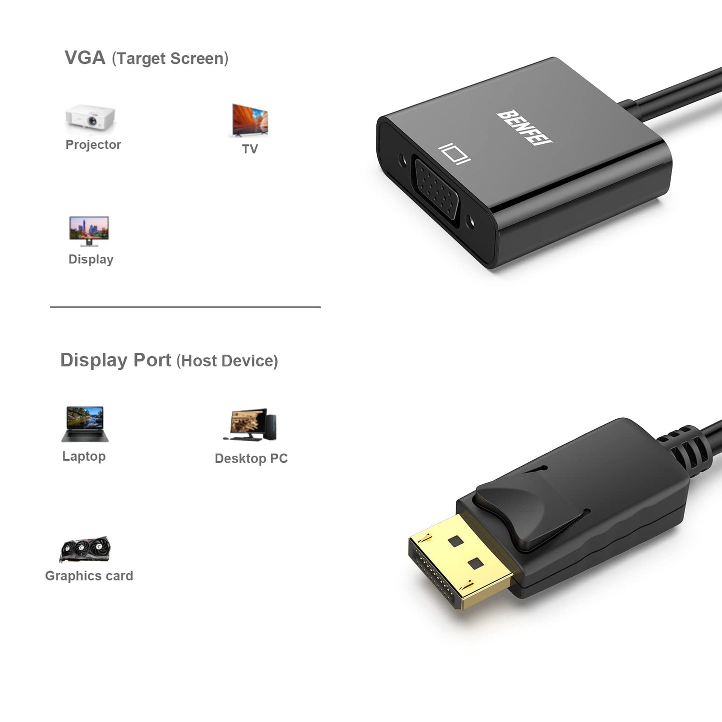 BENFEI Adaptateur DisplayPort vers VGA plaqué Or DP vers VGA (mâle vers Femelle) Compatible avec Lenovo, Dell, HP, ASUS