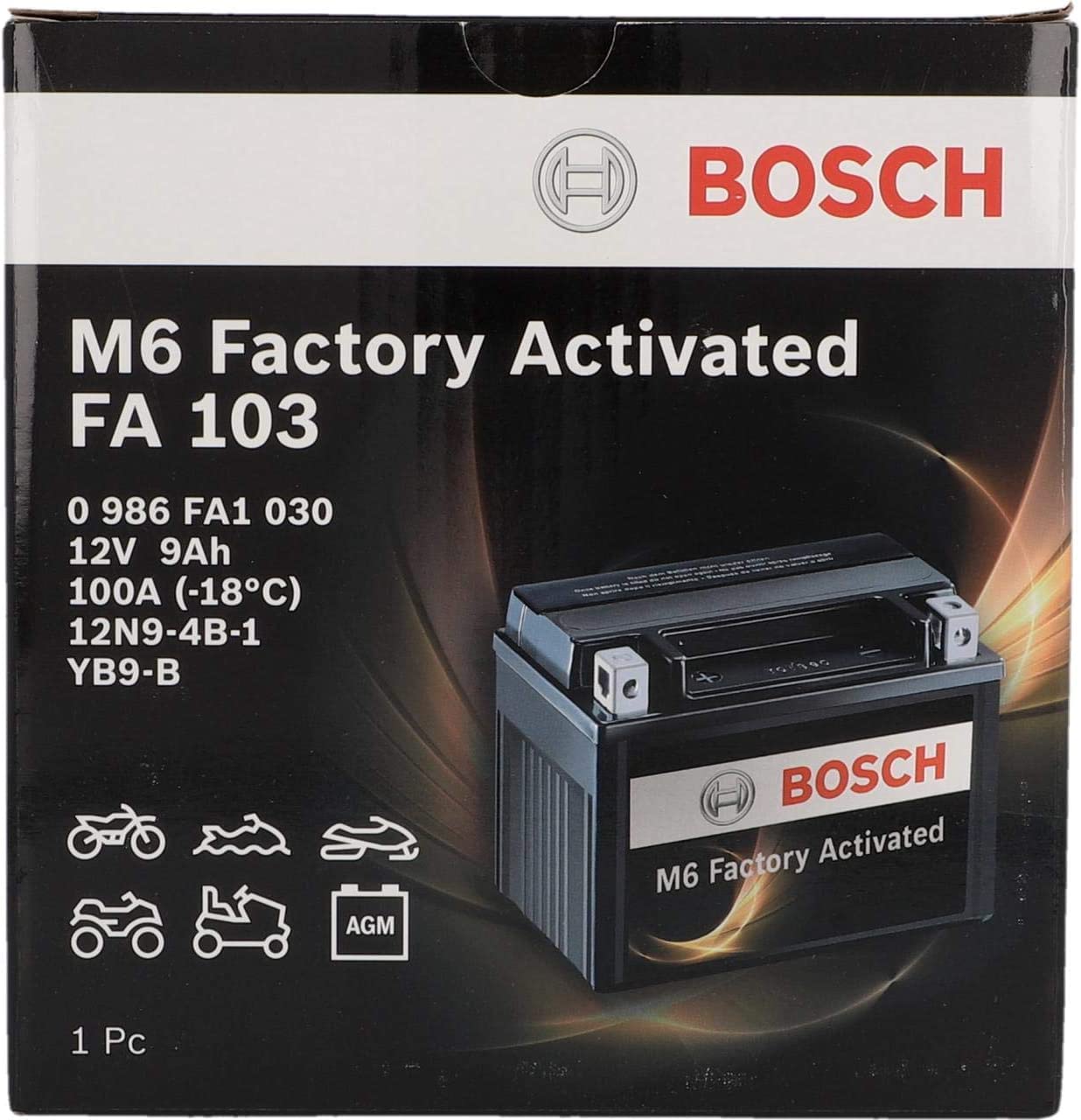 Bosch FA103 - Batterie moto AGM - 12V 100A 9Ah - Adaptée aux motos, mobilettes, enduros, scooters, quads, jet skis - Compatible M4F25, BB9-B, BTB9, 12N9-4B-1