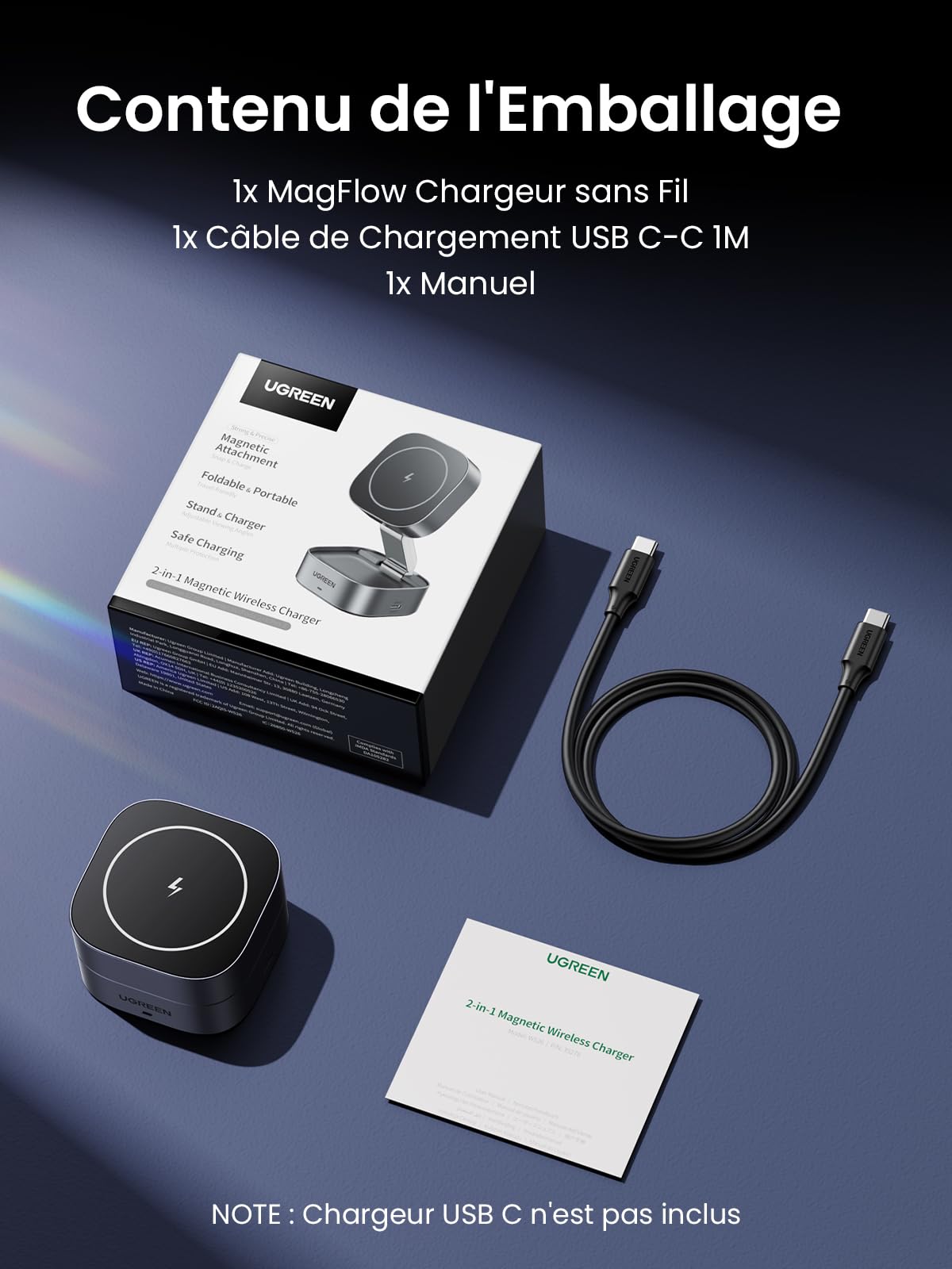 UGREEN MagFlow Chargeur Induction iPhone 2 en 1 Qi 15W Compatible avec MagSafe iPhone 16 Plus Pro Max 15 14 13 12 Mini AirPods 4 3 2 Pro Chargeur sans Fil Magnétique Rapide Pliable Angle Réglable