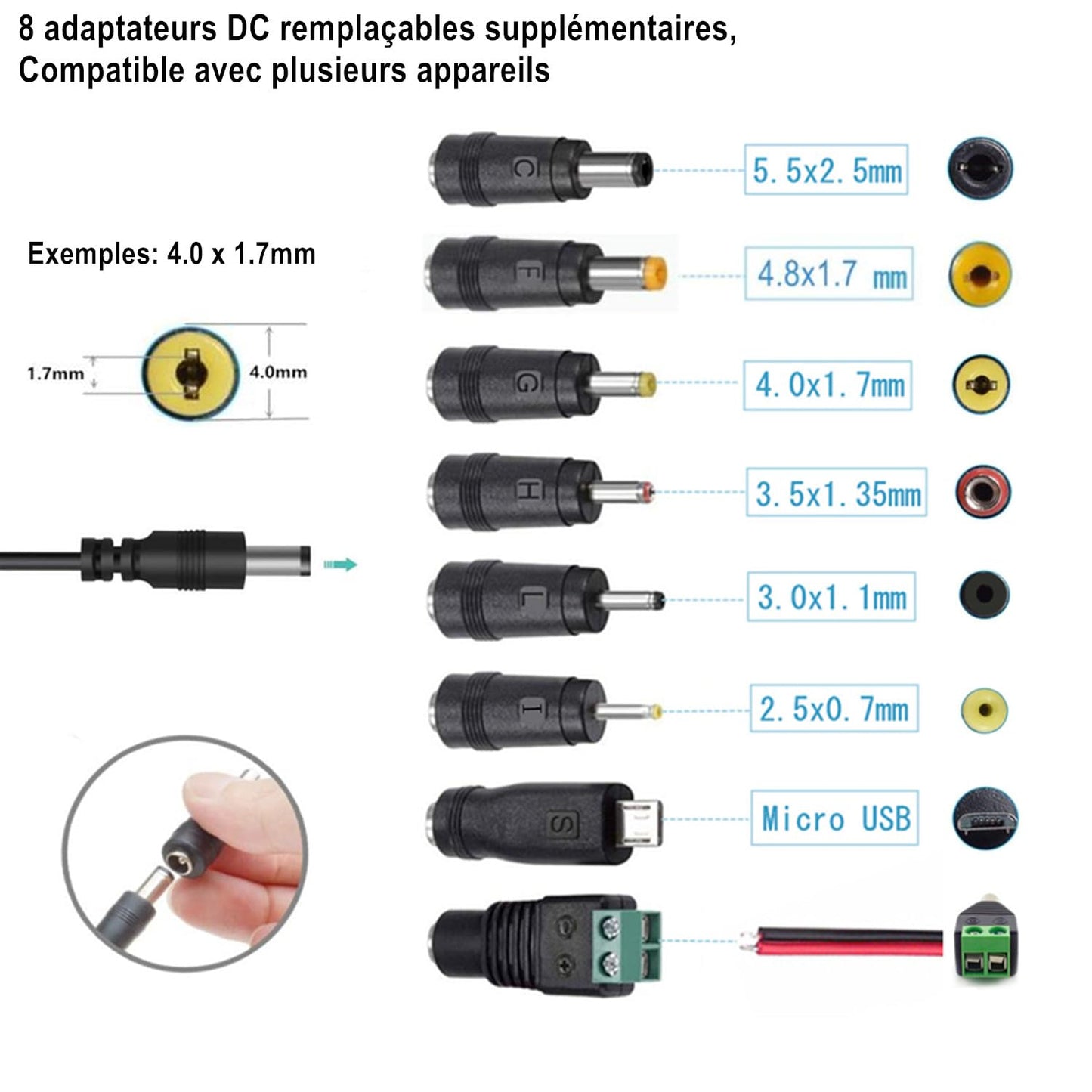 Adaptateur Secteur 9V 2A, AC220V 230V Pilote d'alimentation avec Adaptateur 8 Prises DC9V 2000mA 1500mA 1000mA 500mA Chargeur convertisseur Sans Fil AC-DC (DC9V~2A)