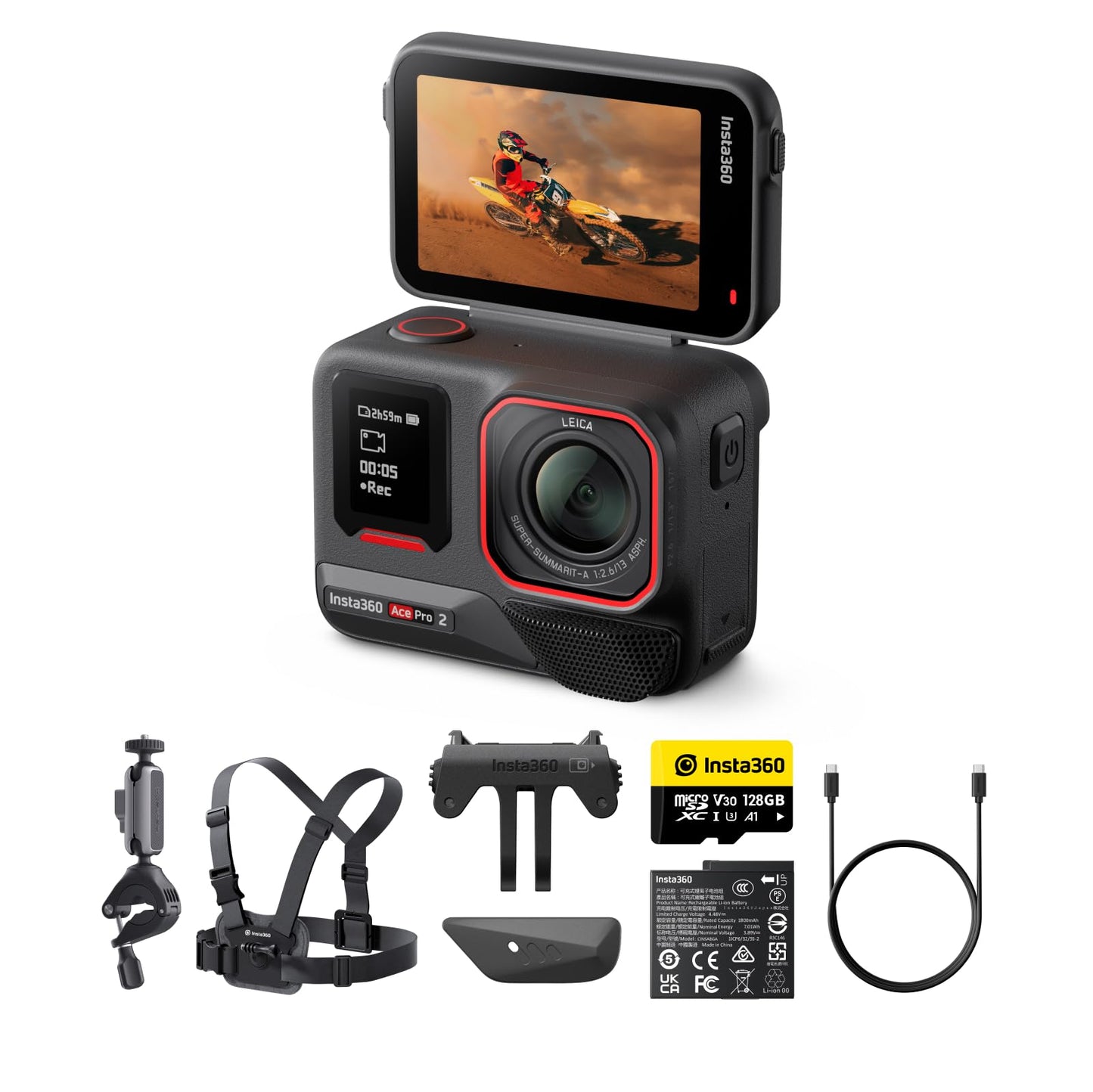 Insta360 Ace Pro 2 Pack vélo - Caméra d'action étanche 8K co-conçue avec Leica, capteur 1/1,3", Double Puce d'IA, qualité en Basse lumière, Audio avancé, écran Rabattable, édition IA pour Vlogs, Moto