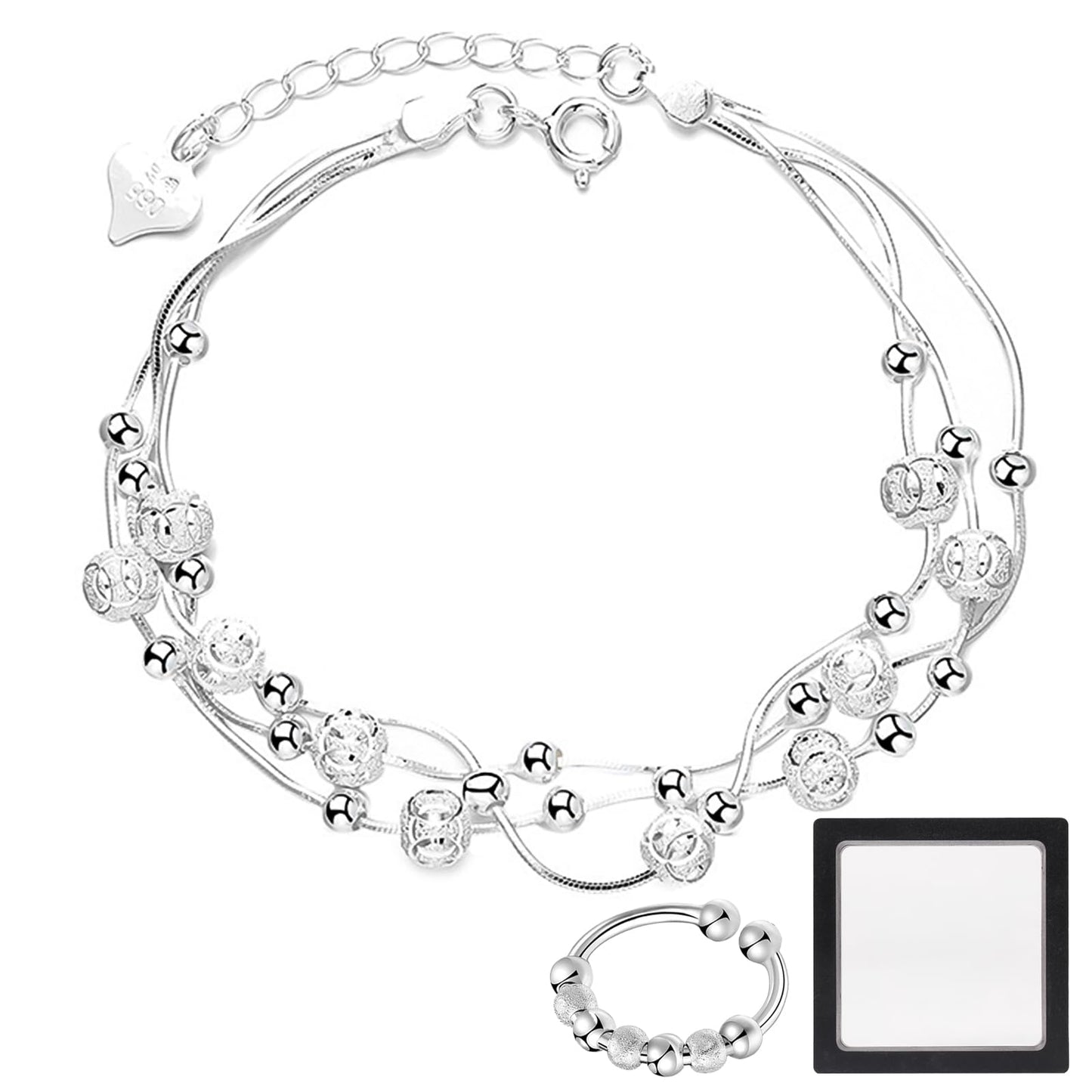 BMHNQ Bracelet Femme Argent 925, 3 en 1 Bracelet Argent 925 femme et 1 Bague Femme Bracelets Réglable Bracelet Coeur en Argent Sterling 925 pour Femme Fille Taille Réglable