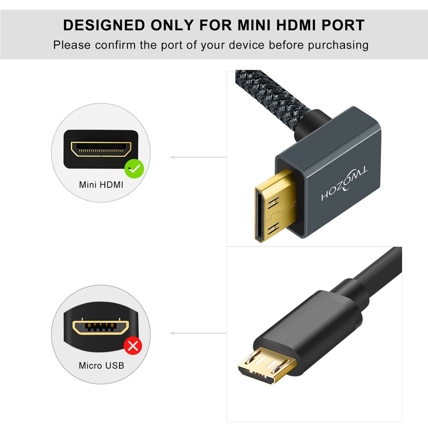 Twozoh Câble Adaptateur Mini HDMI vers HDMI Coudé, Nylon tressé vers Le Bas coudé à 90 °, Câble d'extension Mini HDMI vers HDMI Compatible 3D/4K 1080p