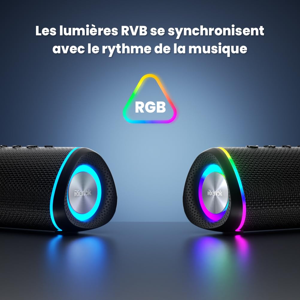 RIENOK Enceinte Bluetooth Portable, Haut Parleur Puissant Lumineuse 2500mAh 15W Bluetooth 5.3 Autonomie 10H Port TF Carte/AUX, pour Soirées, Randonnées, Voyage