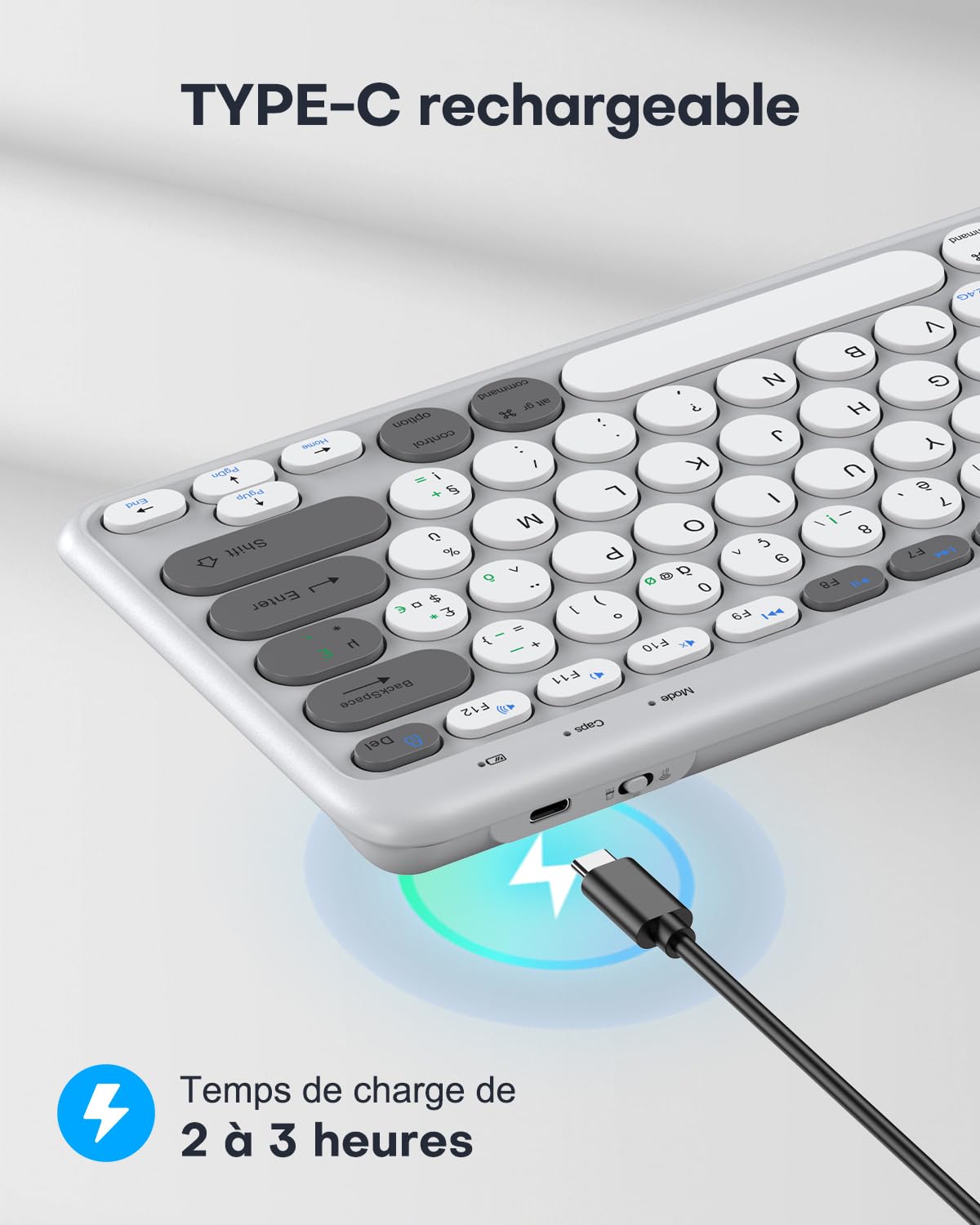 TECURS Clavier sans Fil Rechargeable, Clavier Bluetooth Multi-Dispositifs pour Windows/iOS/Android, Mini Clavier 2.4G, Clavier AZERTY Français pour Tablet/PC/Mac, Gris et Blanc