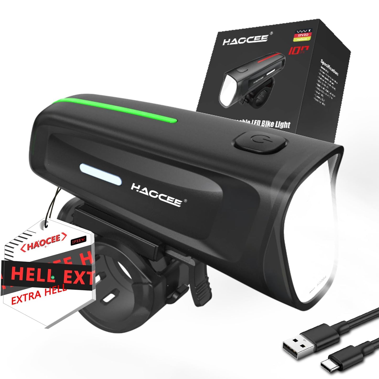 HAOCEE Éclairage De VéLo Avant, Éclairage De VéLo Approuvé par Stvzo, Lumiere Velo USB Rechargeable Type-C, Éclairage Velo Ipx5,Phare Velo