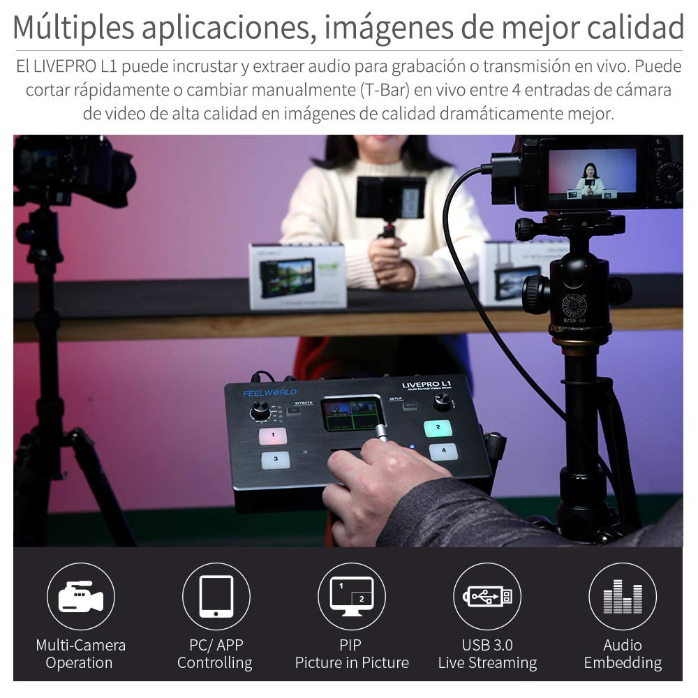 FEELWORLD LIVEPRO L1 Mini mélangeur vidéo avec commutateurs de formats Multiples 4 entrées HDMI Écran LCD 2 Pouces en Direct avec Production en Temps réel pour Plusieurs caméras