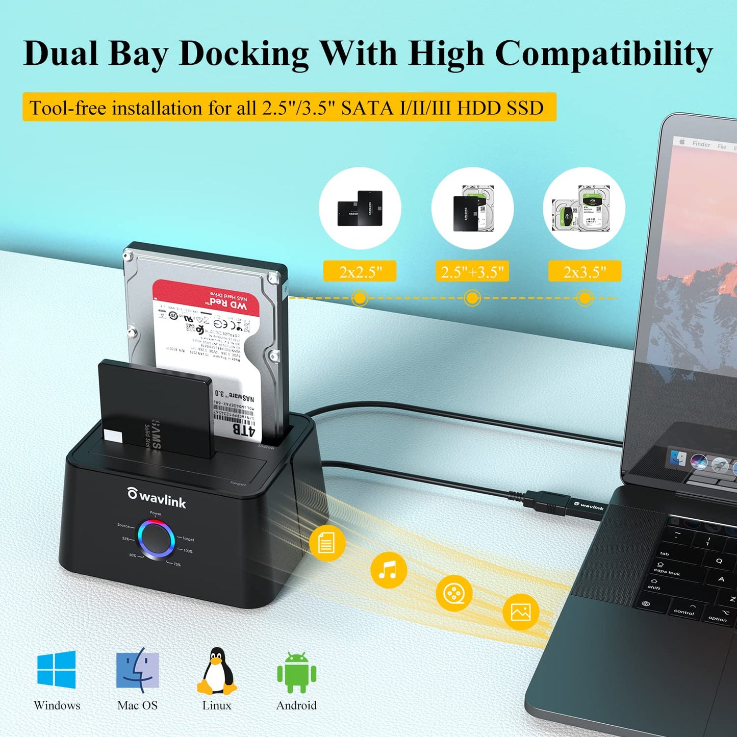 WAVLINK Station d'accueil USB 3.0 vers SATA Double Baie pour Disque Dur SATA 2,5" et 3,5" SATA et SSD, UASP optimisé et Prend en Charge la Fonction de clonage Hors Ligne