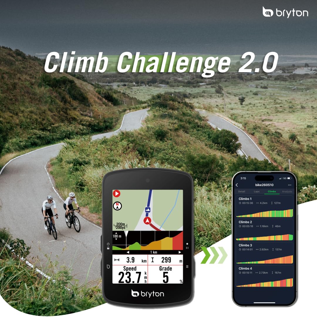 Bryton Rider S510 Pack capteurs Compteur GPS pour vélo avec écran Tactile Couleur 2,8", Carte Offline de l'europe, compatibilité avec Radar vélo, autonomie de 30 Heures, Navigation Virage par Virage