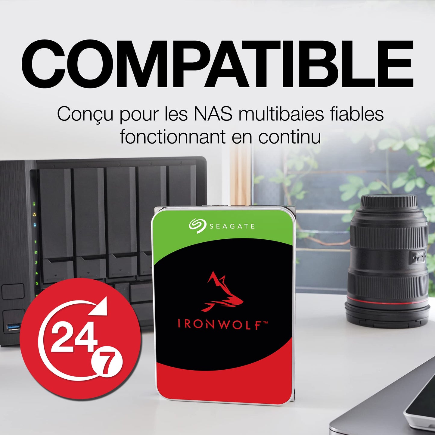 Seagate IronWolf 6To, Disque dur interne NAS HDD, CMR 3,5" SATA 6Goit/s 7200 tr/min, 256 Mo de mémoire cache, pour NAS RAID, Ouverture facile, services Rescue valables 3 ans (ST6000VNZ06)