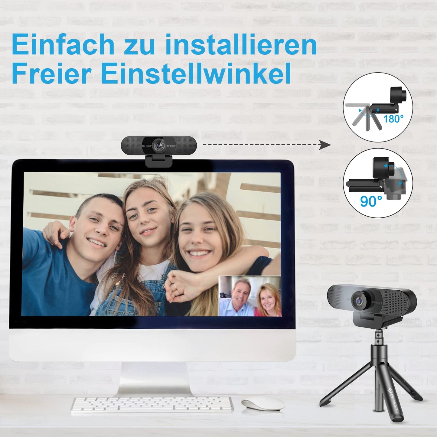 eMeet Webcam 1080P- Webcam C960 Full HD avec Double Microphone, Paramètres réglables, Grand Angle 90 ° avec Correction Automatique, Plug & Play, caméra de Streaming pour Linux, Win10, Mac, Youtube