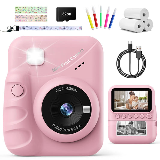 Appareil Photo Instantané Enfant, TIATUA 3.0" Grand Écran 48MP 1080P HD Appareil Photo Numérique Enfant avec Carte 32GB et Papier Photo Imprimé, Stylos Colorés, Cadeau pour Filles Garçons 3-12 Ans