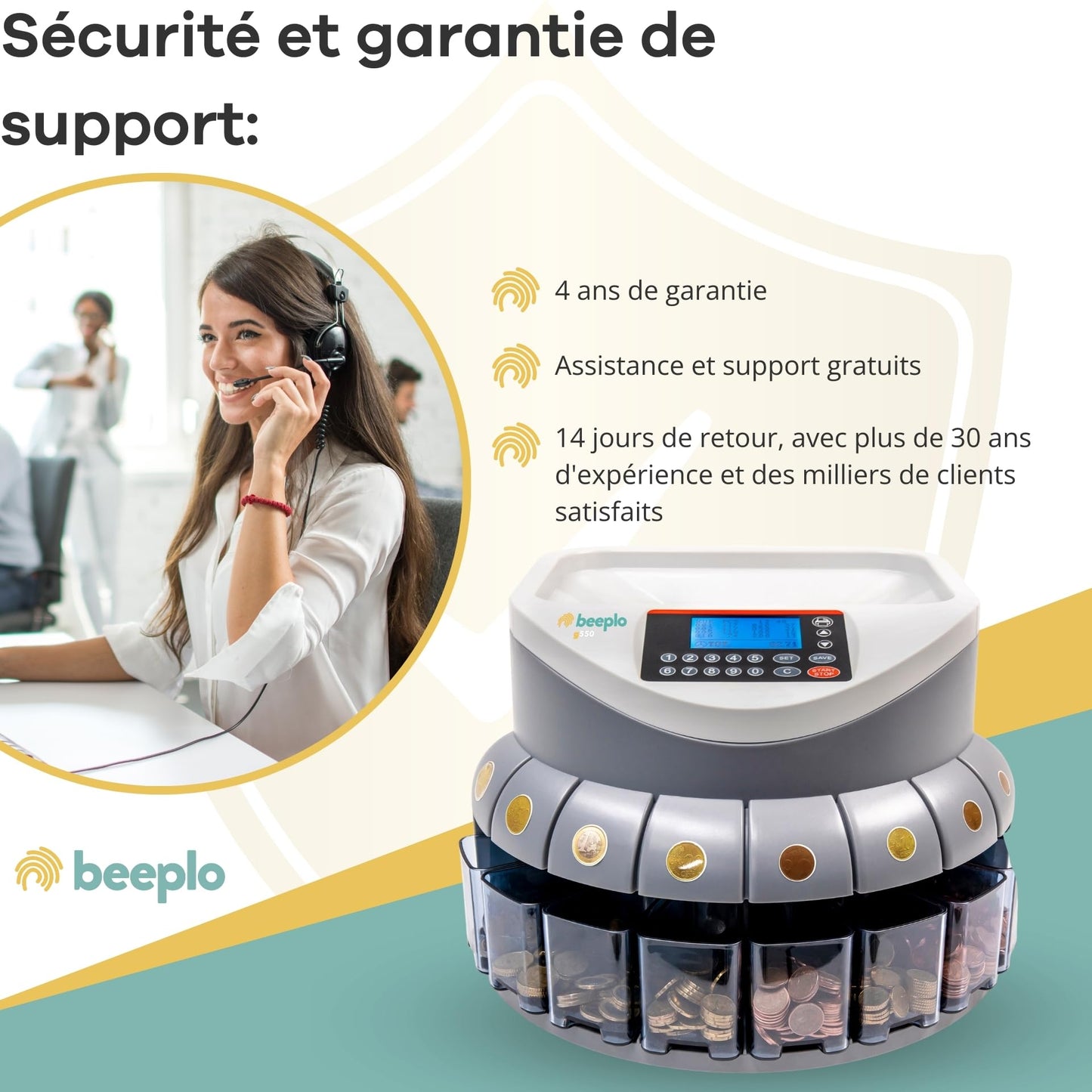 beeplo g-550 | Compteur de pièces en euros | Jusqu'à 800 pièces par cycle | Indique la valeur totale et par pièce | Précision Totale | Garantie 4 ans