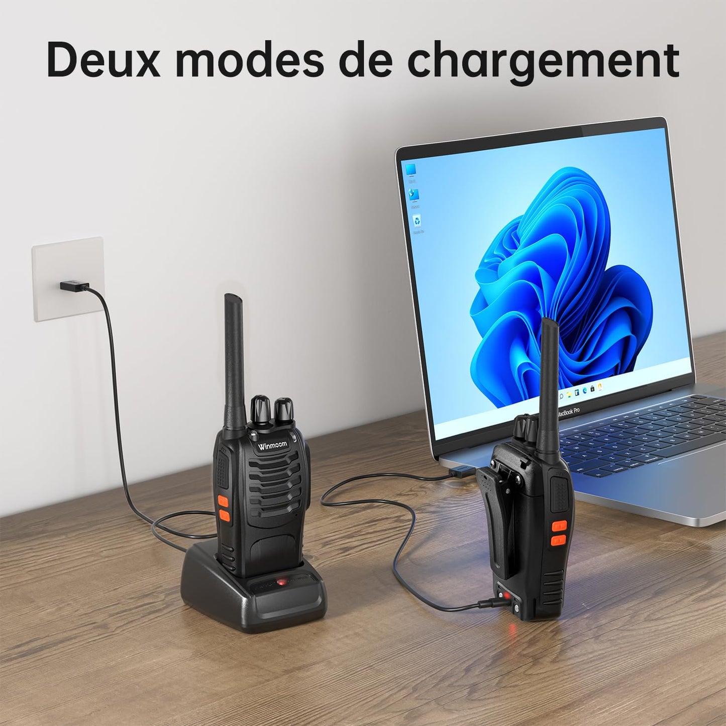 Winmoom Talkie Walkie, Radio bidirectionnelle 16 canaux Longue Distance avec Chargeur USB et Casque pour Les Enfants pour Jouer et Les Adultes pour Travailler. (Noir, 1 Paire)