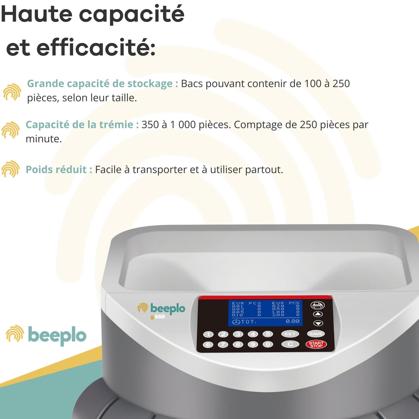 beeplo g-550 | Compteur de pièces en euros | Jusqu'à 800 pièces par cycle | Indique la valeur totale et par pièce | Précision Totale | Garantie 4 ans