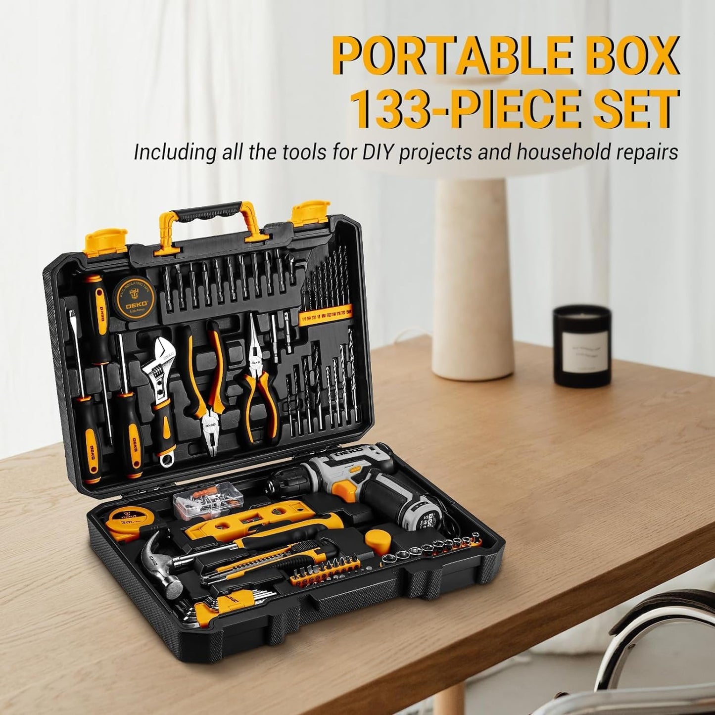 boite a outils complete 133 pièces - DEKO PRO Mallette à outils grise pour réparations domestiques et bricolage, avec perceuse visseuse électrique 12 V pour percer et serrer/desserrer les vis