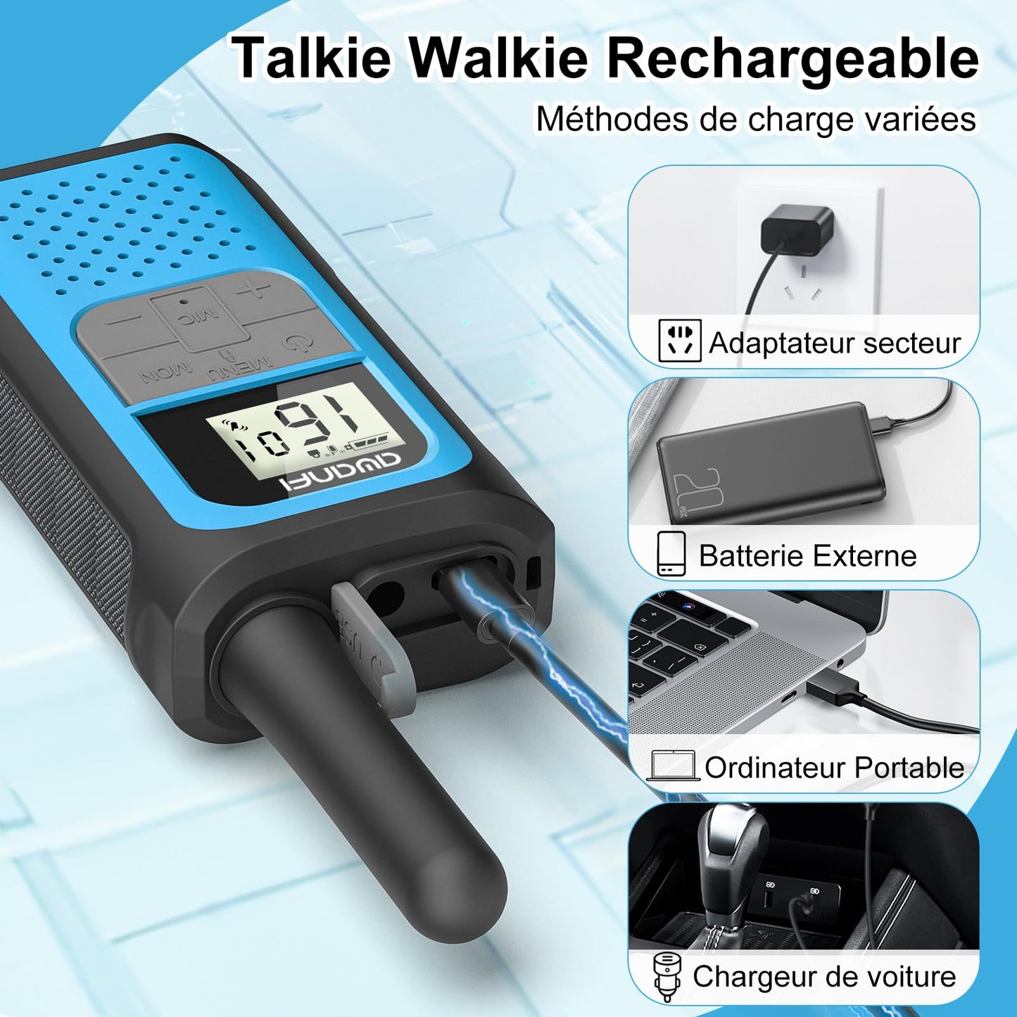 AWANFI Talkie Walkie 4 Pièces Longue Portée, Talkie-Walkie Enfants Adultes Rechargeable, Walkie Talkies USB C Batterie Lithium avec 16 Canaux pour Camping, Randoneé, Vélo, Cadeau pour Fille et Garçon