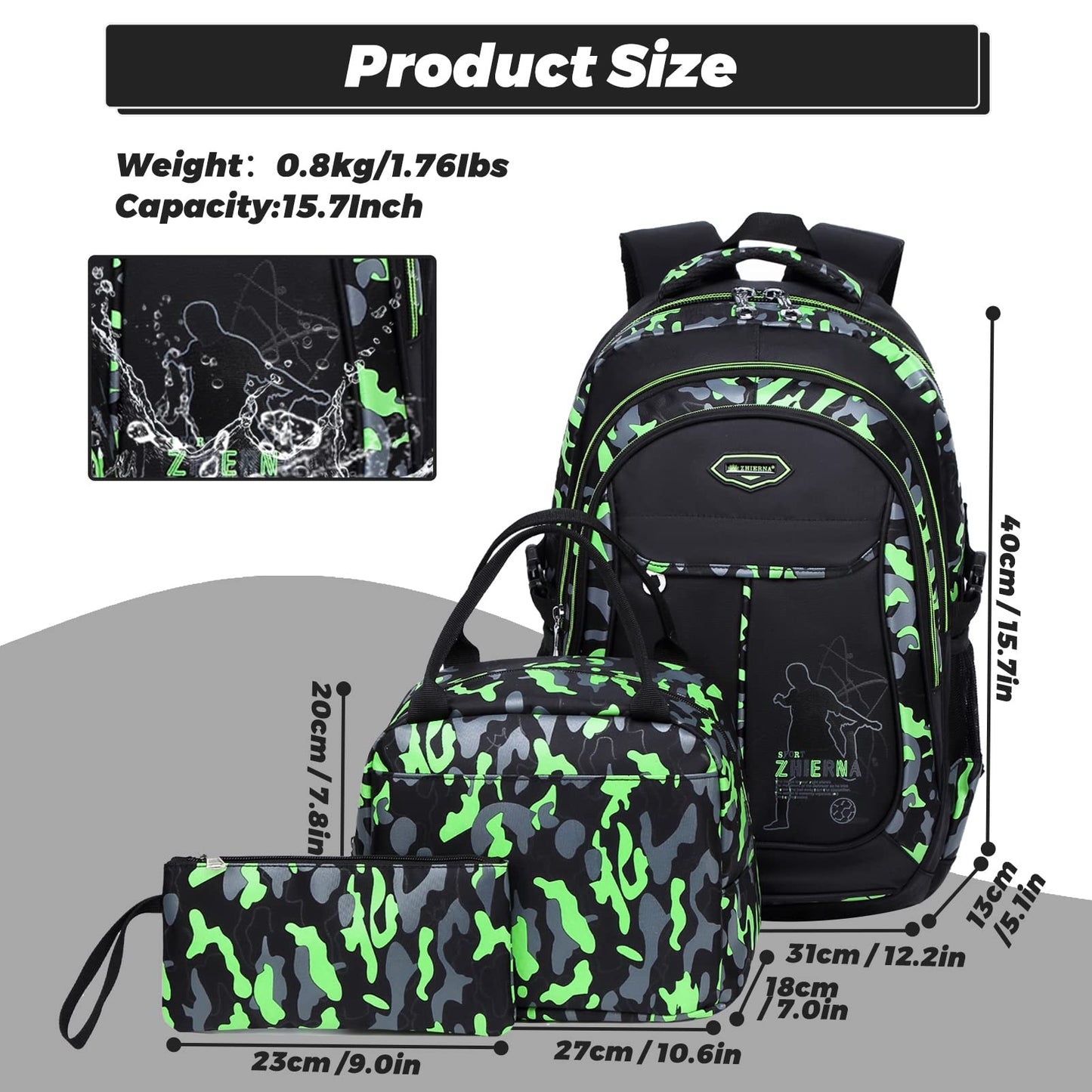 IvyH Sac a Dos Garcon, Cartable Camouflage Sets de Sacs Scolaires 3 en 1 Grande capacité Sac d ecole École Intermédiaire Secondaire Sac Ecole College pour Enfant Adolescent Garcon Filles(Vert)