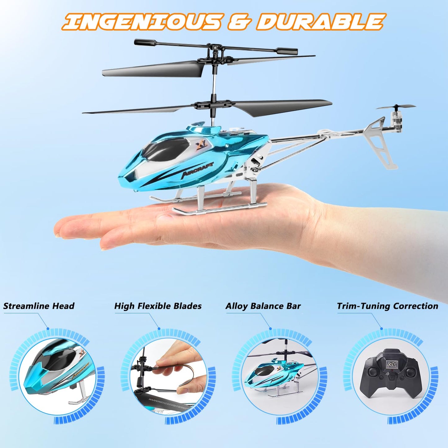 TERRAMUS Hélicoptère RC, Hélicoptère Télécommandé 2.4G avec Lumière LED, à Maintien d'altitude avec Gyroscope, Décollage par Une Seule Touche, Avions d'intérieur pour Les Enfants Adulte