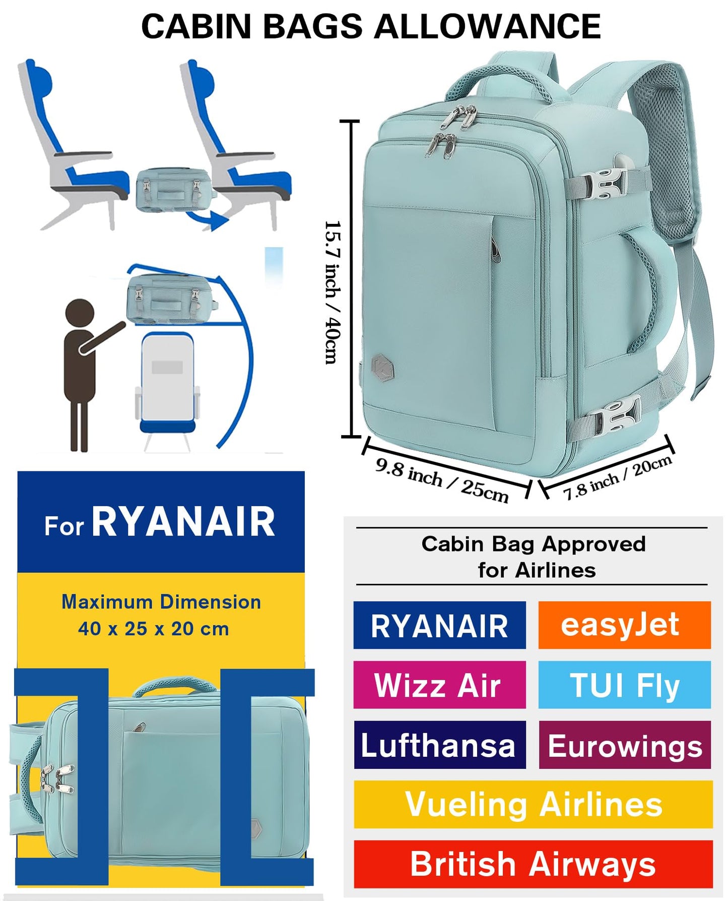 VANKEV Bagage Cabine 40x20x25 pour Ryanair Sac à Dos Voyage Cabine Avion Bagage à Main Femme Homme de Cabine 20L sous Siège Bagage Sac de Voyage pour Ordinateur Portable 14 Pouces Bleu clair