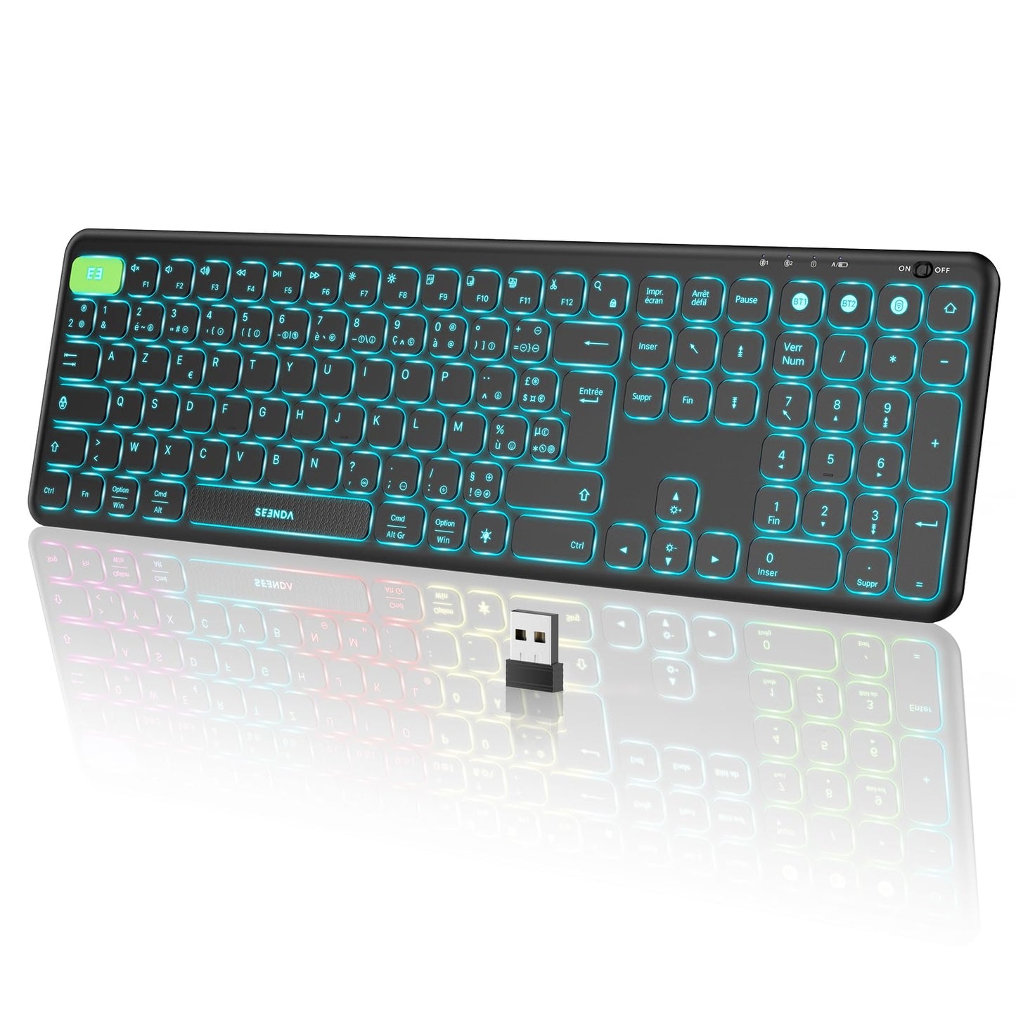 seenda Clavier sans Fil Rétro-éclairé 7 Couleurs, AZERTY Français, Clavier Multi-appareils avec USB et 2 Bluetooth, Silencieux, Rechargeable pour Apple MacOS, Linux, iOS, Android, Windows PC