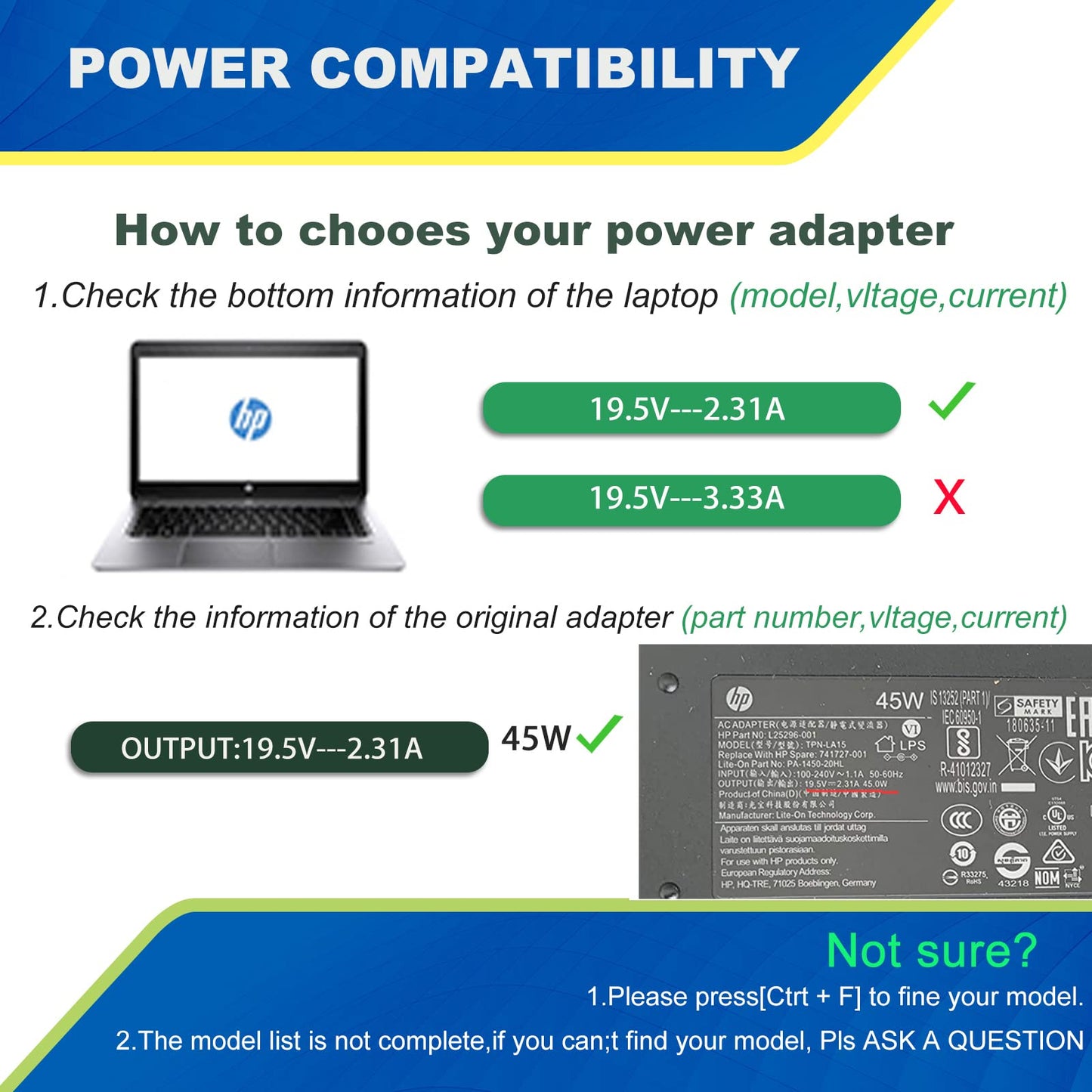 Chargeur HP Ordinateur Portable 45W 19.5V 2.31A pour HP Stream 11 13 14 HP 15 Notebook PC Series Pavilion; HP 740015-003 741727-001 TPN-C125 HSTNN-LA40 740015-004 721092-001 Alimentation Adaptateur