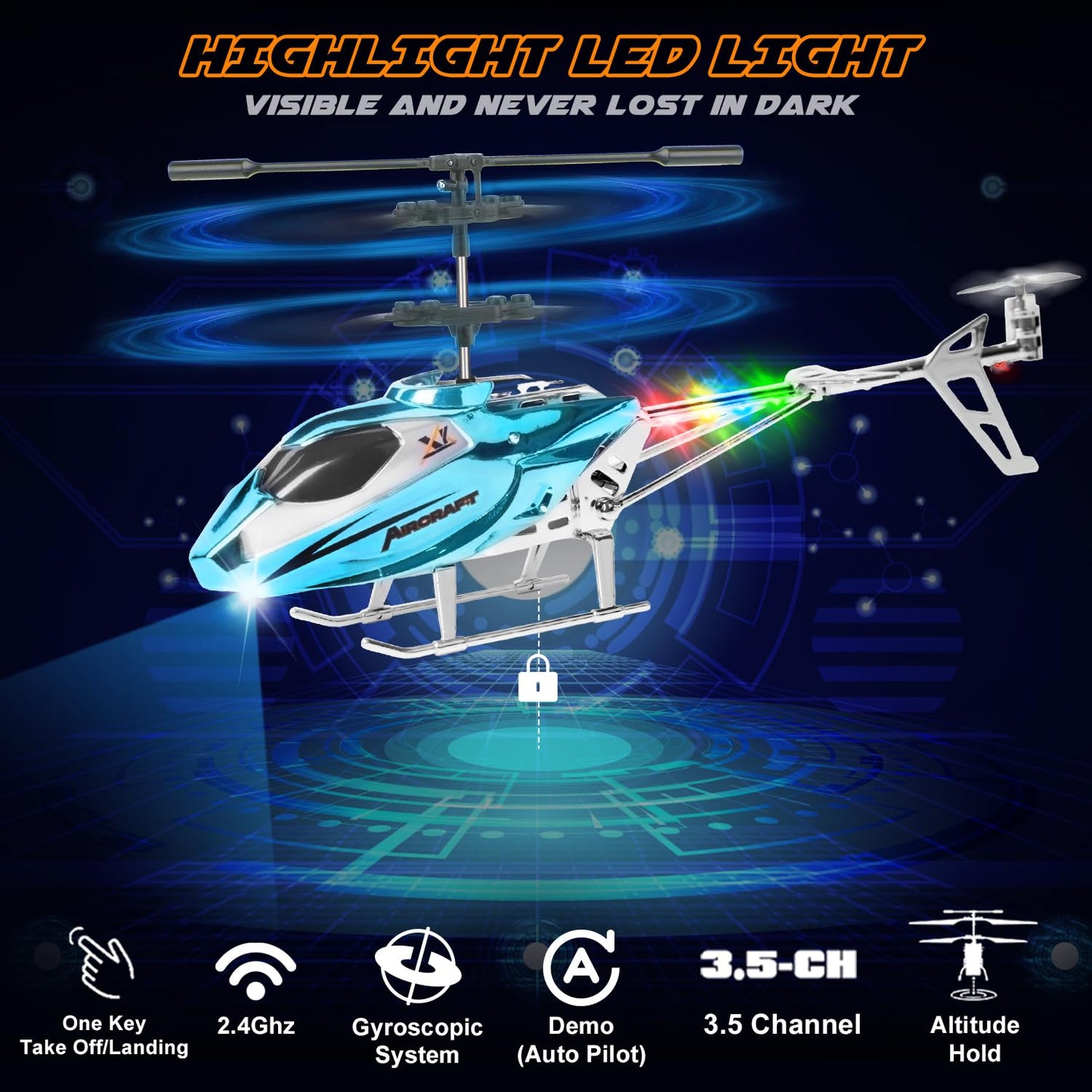 TERRAMUS Hélicoptère RC, Hélicoptère Télécommandé 2.4G avec Lumière LED, à Maintien d'altitude avec Gyroscope, Décollage par Une Seule Touche, Avions d'intérieur pour Les Enfants Adulte