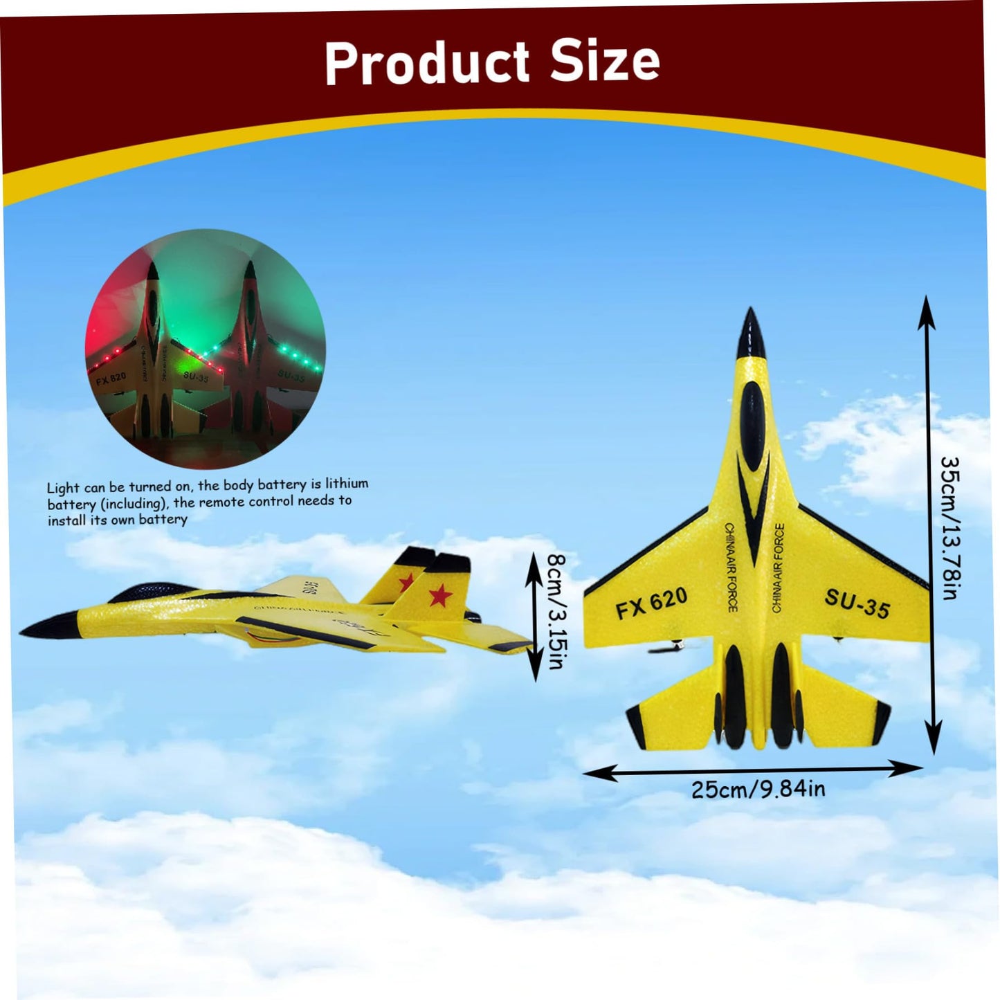 Wedhapy Avion Planeur Avion Drone Télécommande Avion 2.4ghz Su-35 Rc Avion Équilibrage Automatique Epp Avion Planeur Avion Drone avec Lumières Modèle Avion Jouet Jaune