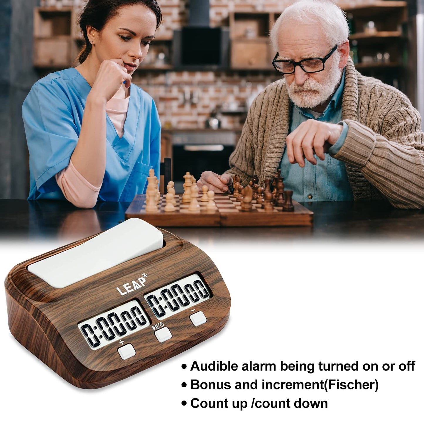 LEAP Horloge d'échecs numérique professionnelle pour jeux de société, avec fonction alarme, aspect bois