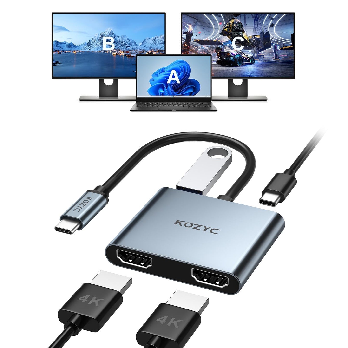 USB C to Dual HDMI Adapter, KOZYC USB C Hub Multiport Adapter avec 2 HDMI 4k, USB 3.0, 100W PD