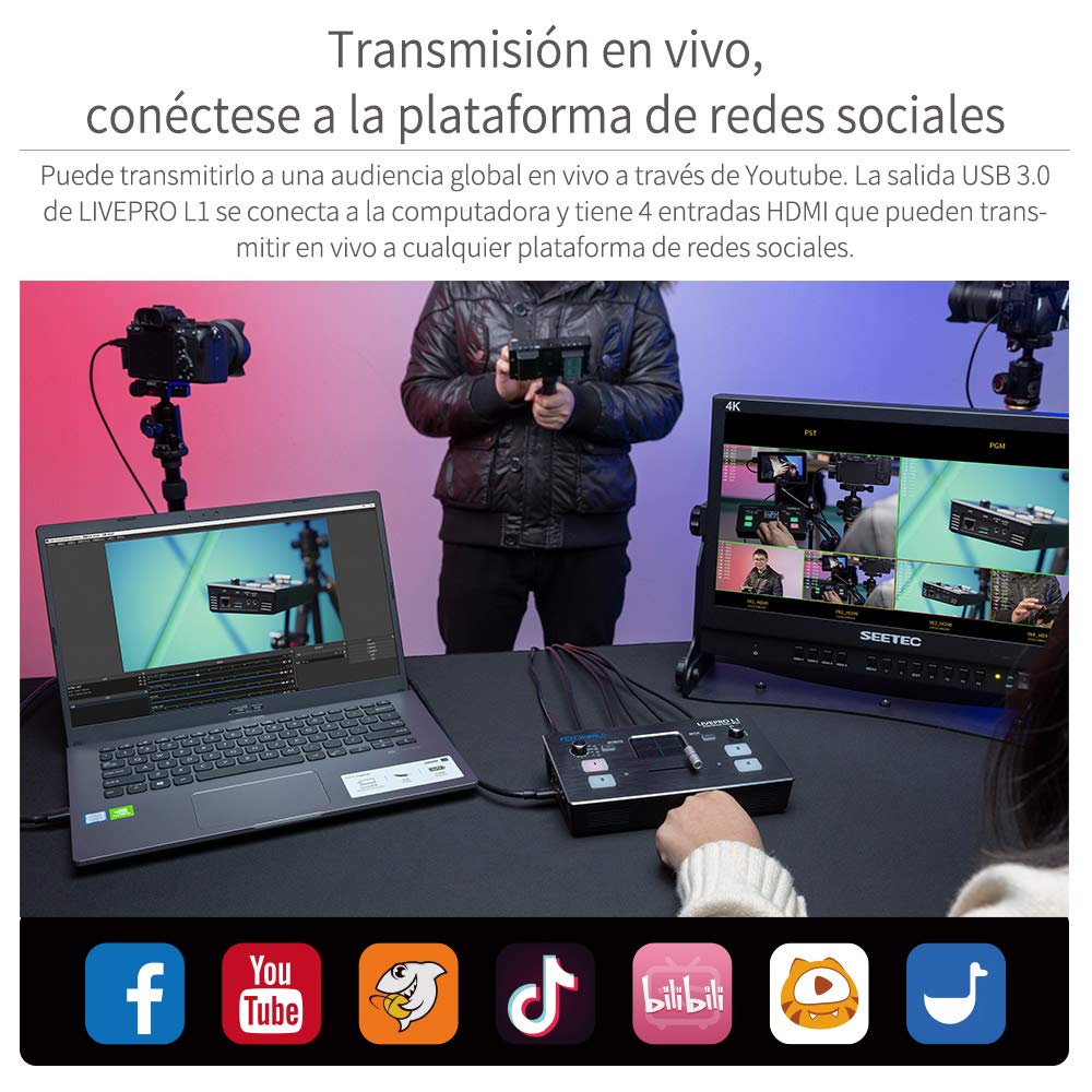 FEELWORLD LIVEPRO L1 Mini mélangeur vidéo avec commutateurs de formats Multiples 4 entrées HDMI Écran LCD 2 Pouces en Direct avec Production en Temps réel pour Plusieurs caméras